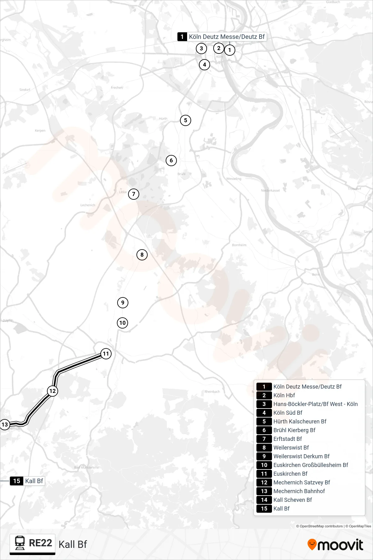 RE22 train Line (Kall Bf) route and stops on a map