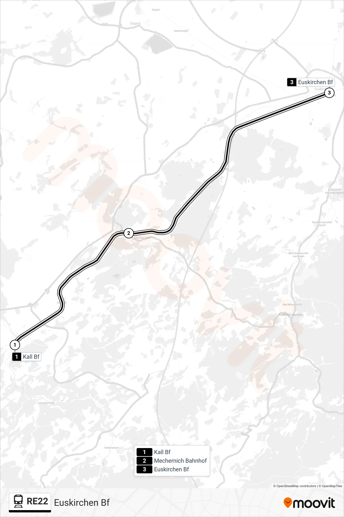 RE22 train Line (Euskirchen Bf) route and stops on a map
