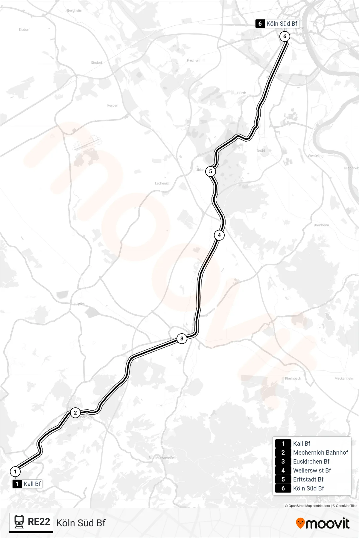 RE22 train Line (Köln Süd Bf) route and stops on a map