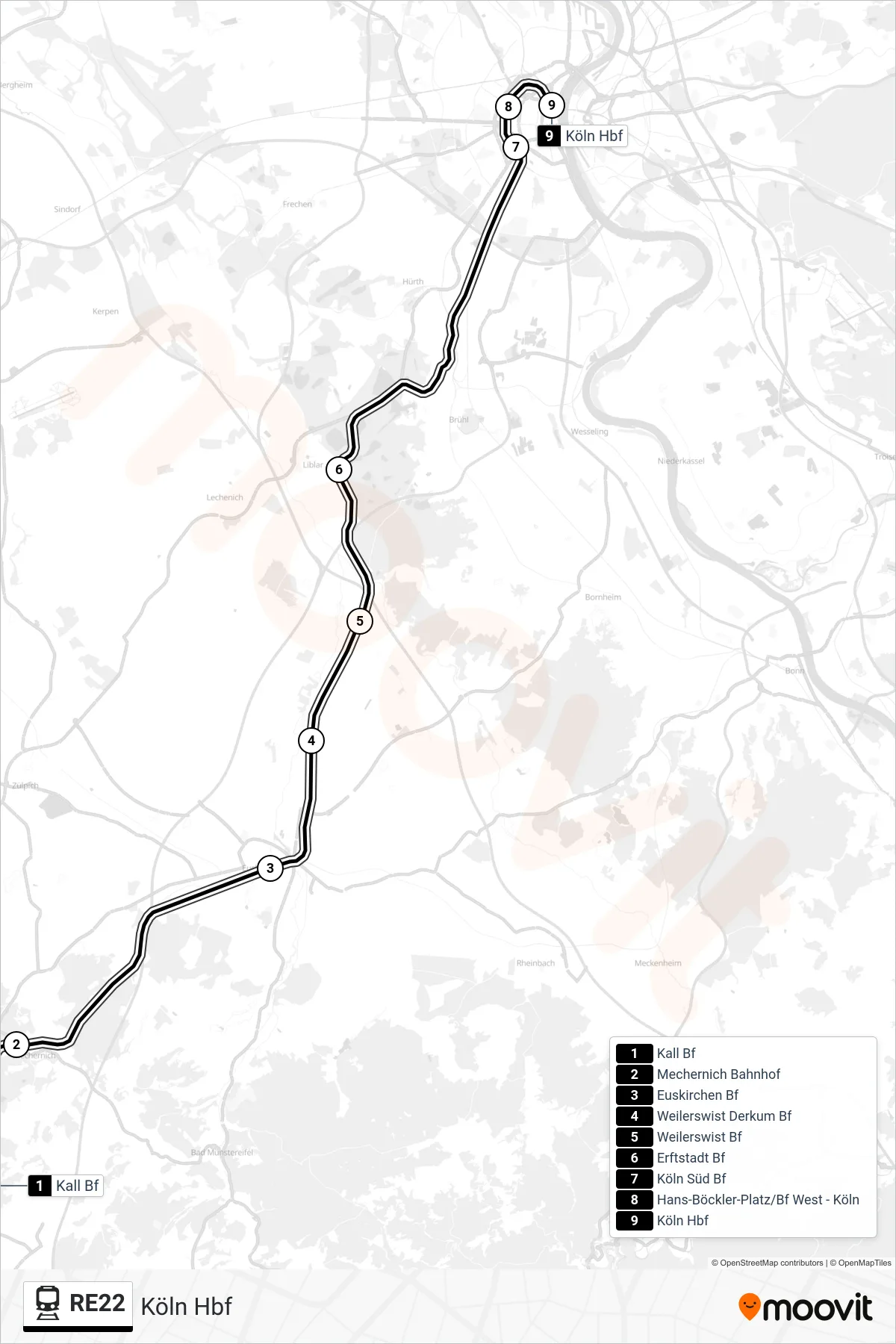 Linie RE22 (Bahn) Richtung Köln Hbf: Route und Haltestellen auf der Karte