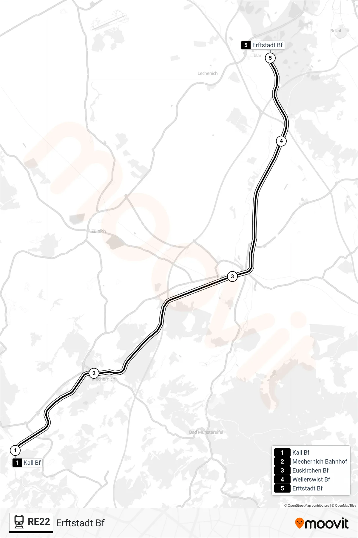 Linie RE22 (Bahn) Richtung Erftstadt Bf: Route und Haltestellen auf der Karte