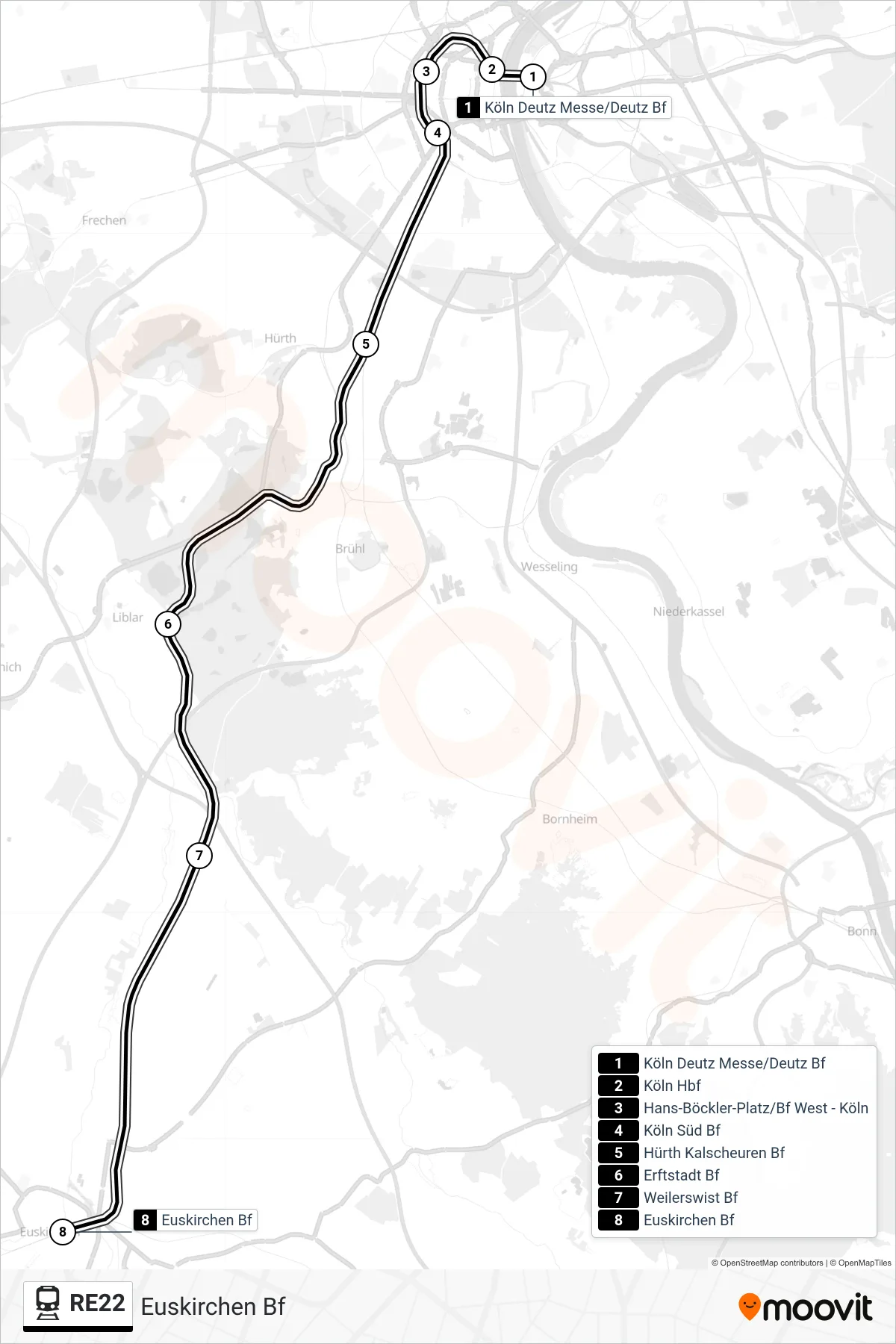 Linie RE22 (Bahn) Richtung Euskirchen Bf: Route und Haltestellen auf der Karte