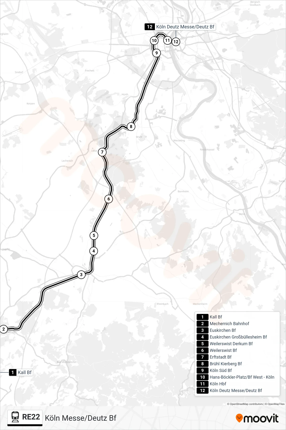 RE22 rail Line (Köln Messe/Deutz Bf) route and stops on a map