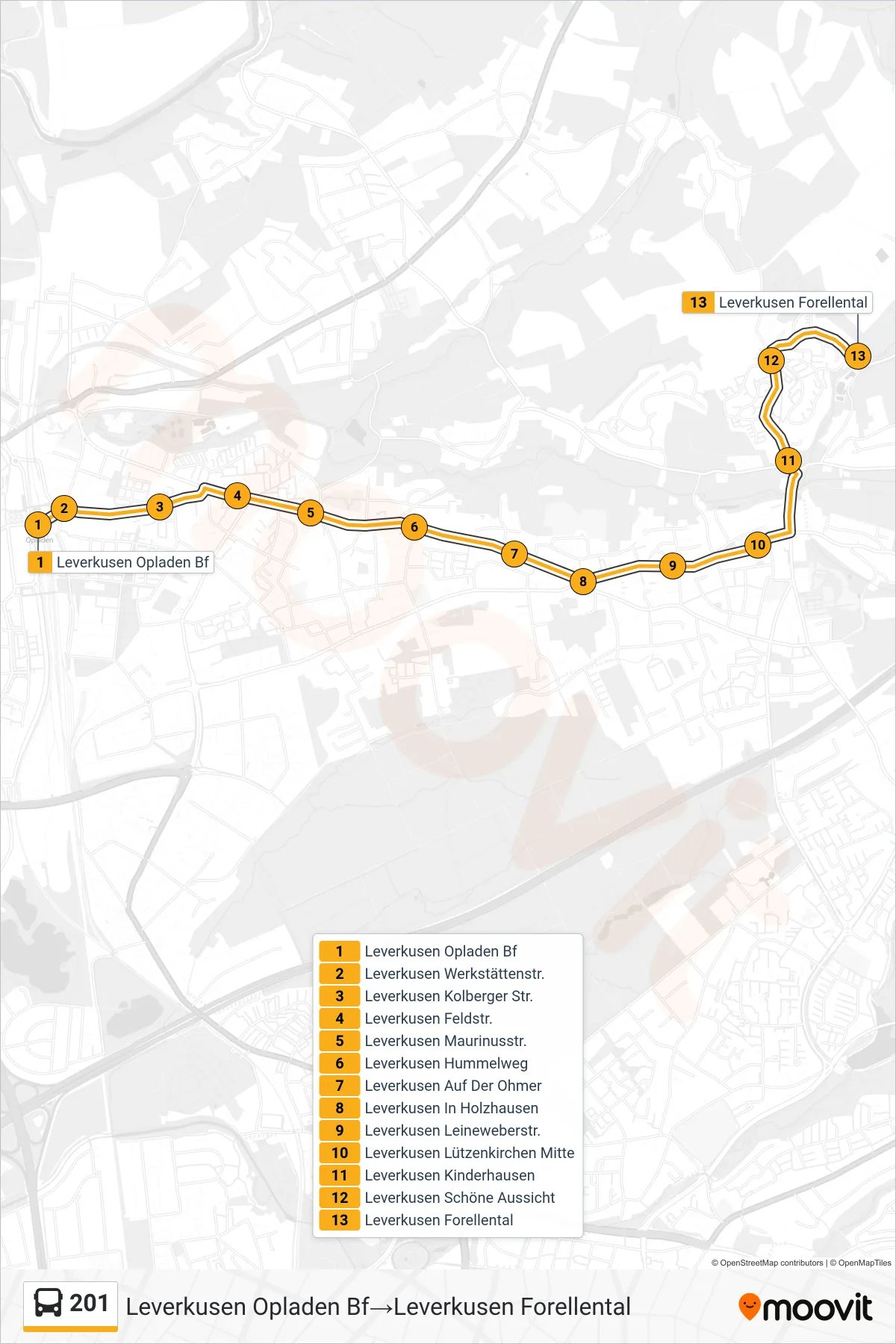 Linie 201 (Bus) Richtung Leverkusen Opladen Bf→Leverkusen Forellental: Route und Haltestellen auf der Karte