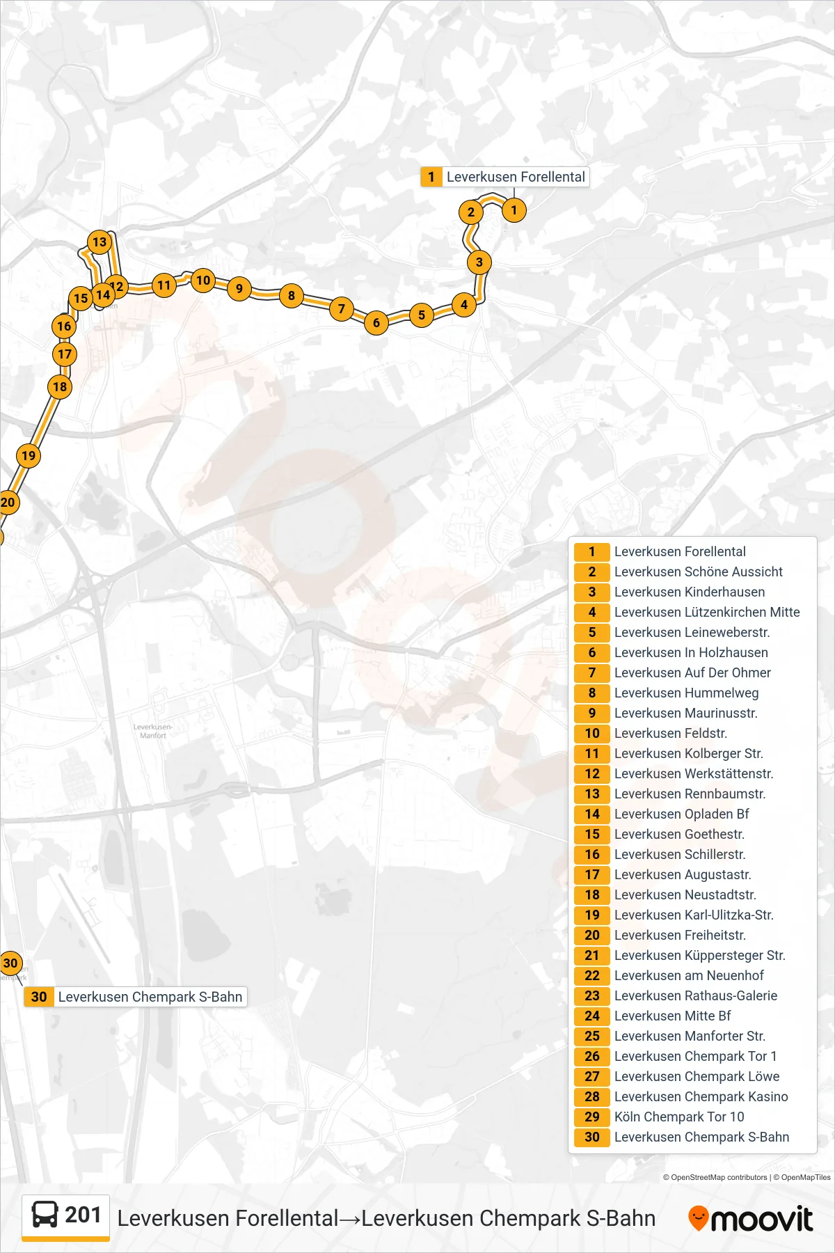 Linie 201 (Bus) Richtung Leverkusen Forellental→Leverkusen Chempark S-Bahn: Route und Haltestellen auf der Karte