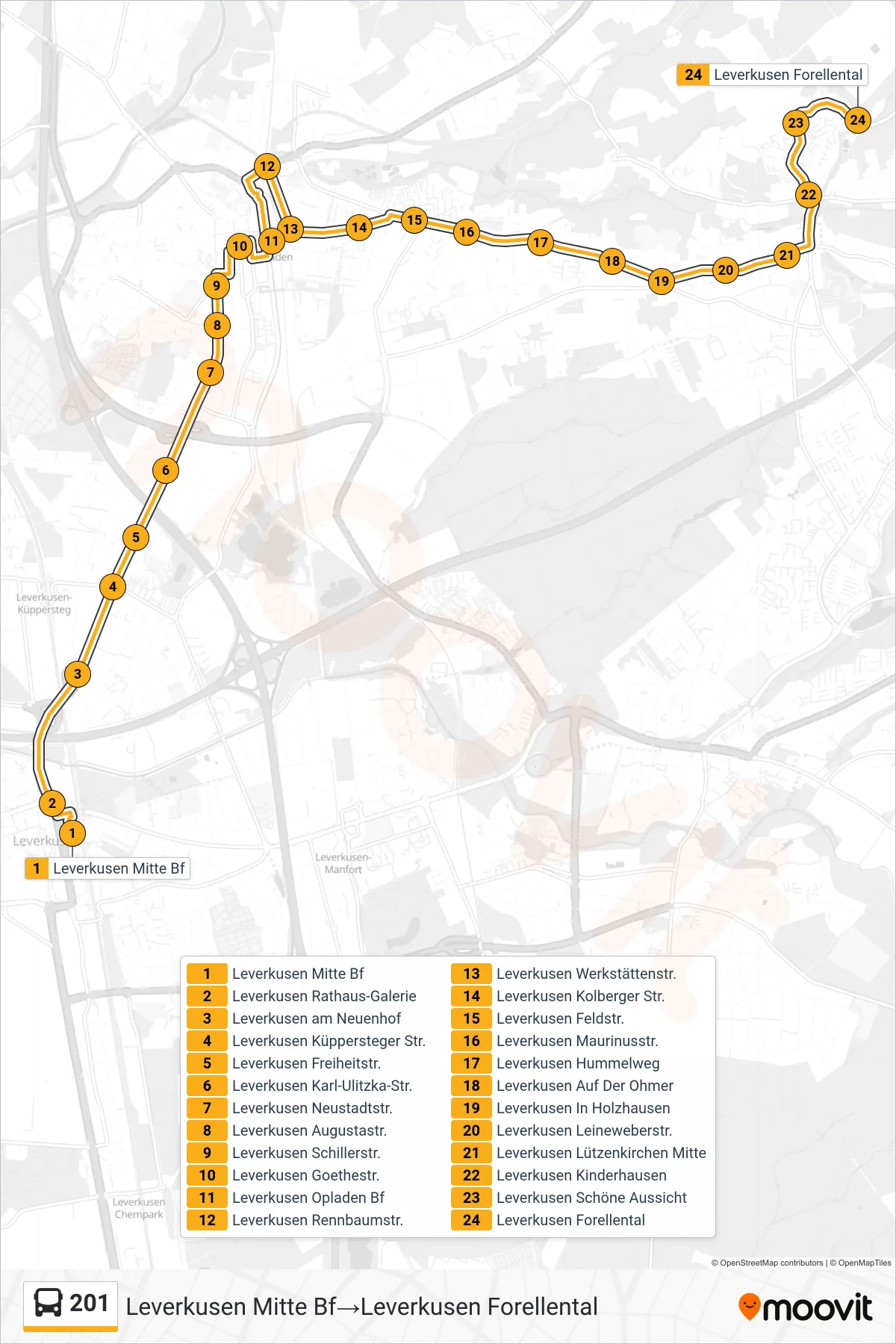 201 bus Line (Leverkusen Mitte Bf→Leverkusen Forellental) route and stops on a map
