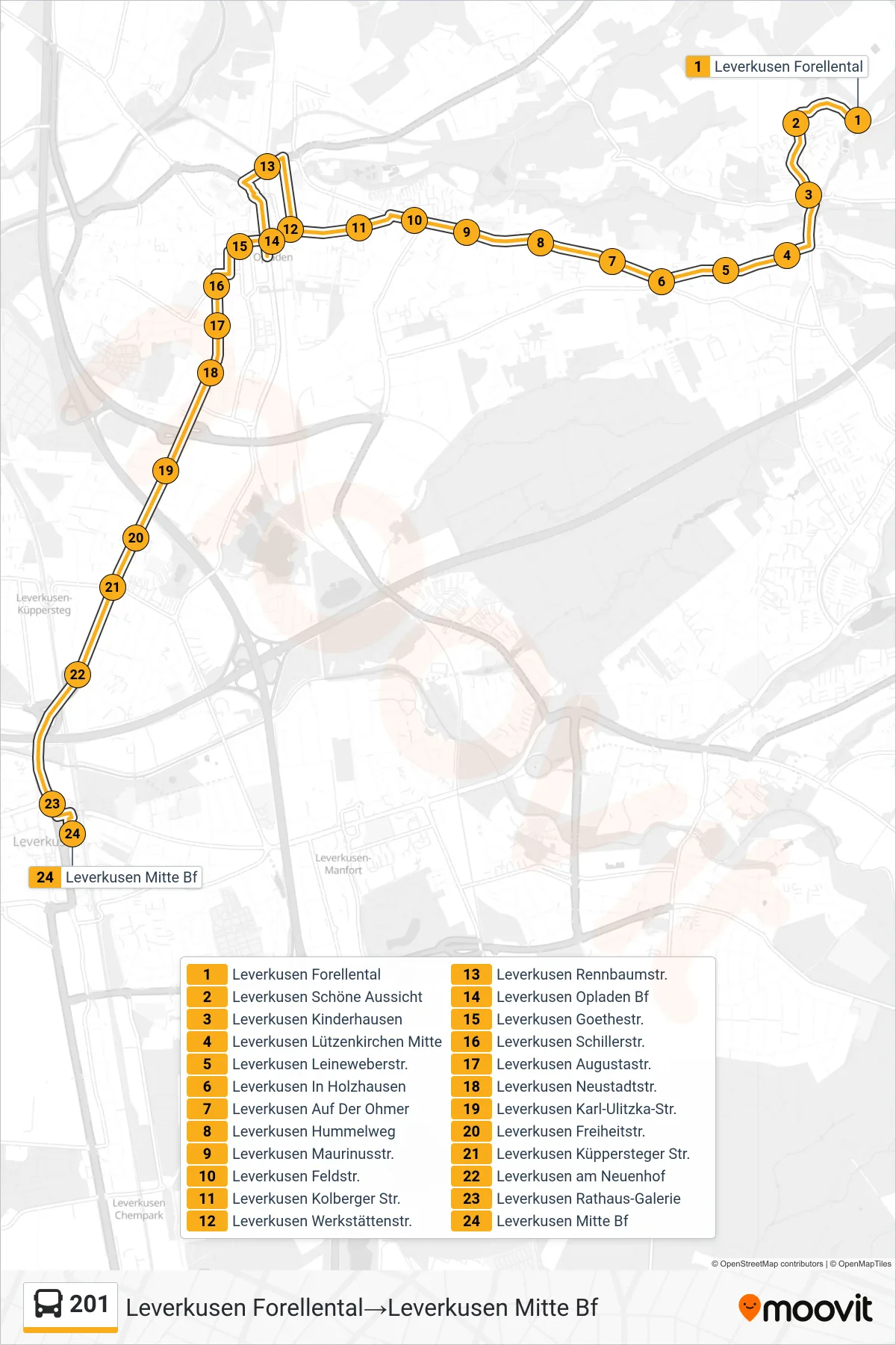 Linie 201 (Bus) Richtung Leverkusen Forellental→Leverkusen Mitte Bf: Route und Haltestellen auf der Karte