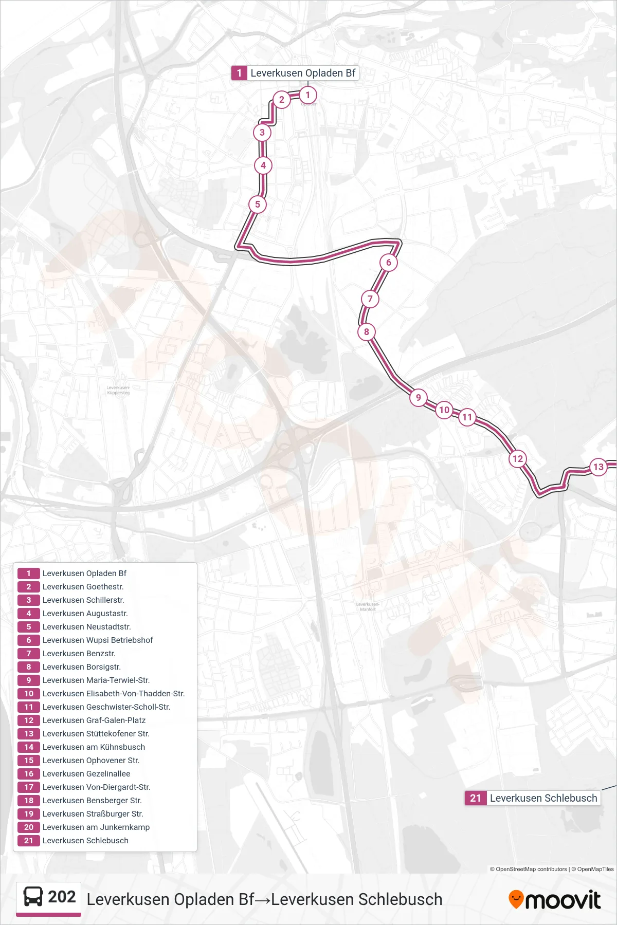 Linie 202 (Bus) Richtung Leverkusen Opladen Bf‎→Leverkusen Schlebusch: Route und Haltestellen auf der Karte