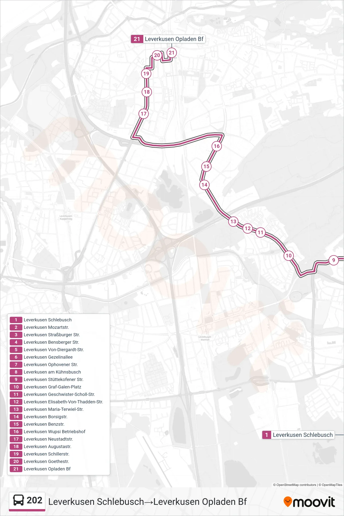 Linie 202 (Bus) Richtung Leverkusen Schlebusch→Leverkusen Opladen Bf: Route und Haltestellen auf der Karte