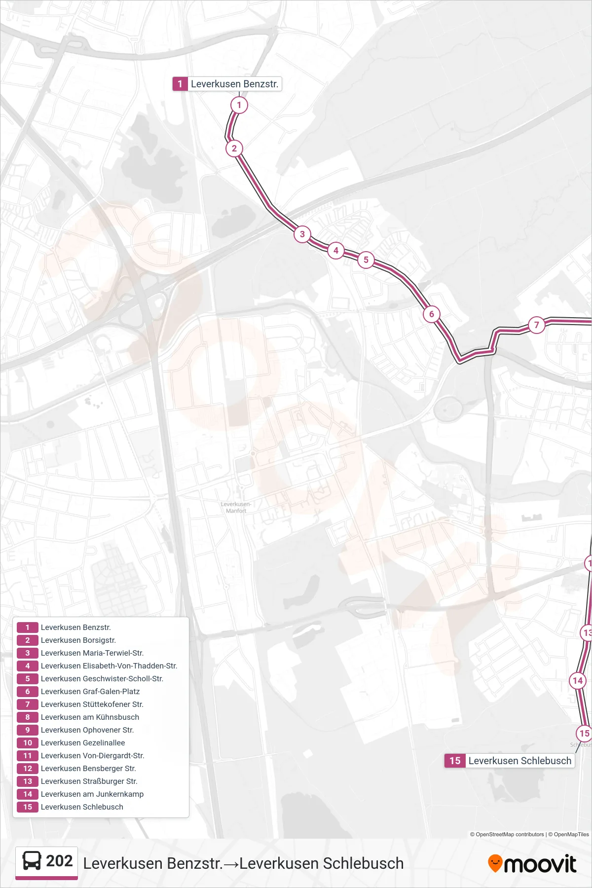 Linie 202 (Bus) Richtung Leverkusen Benzstr.‎→Leverkusen Schlebusch: Route und Haltestellen auf der Karte
