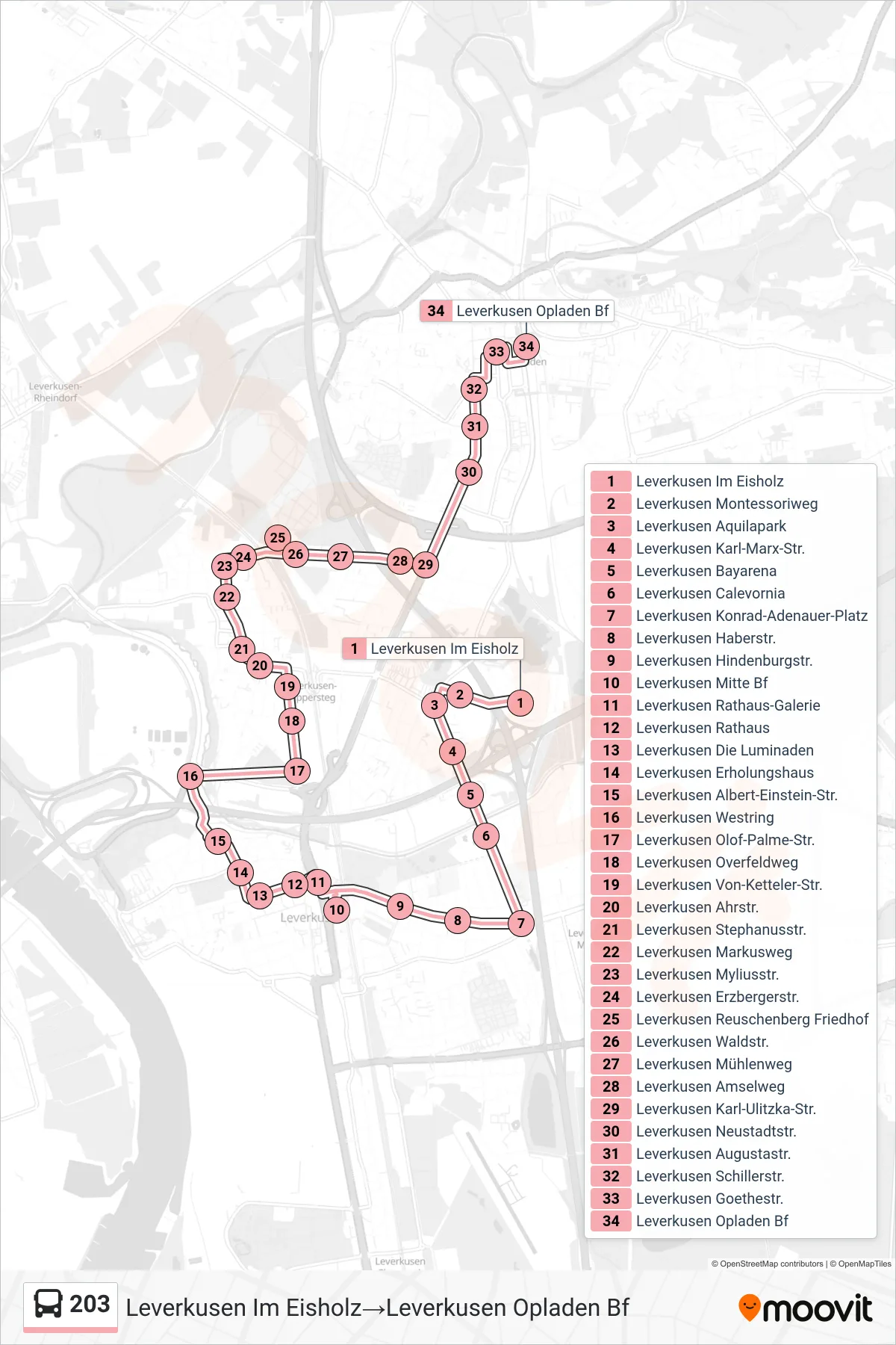 203 bus Line (Leverkusen Im Eisholz→Leverkusen Opladen Bf) route and stops on a map