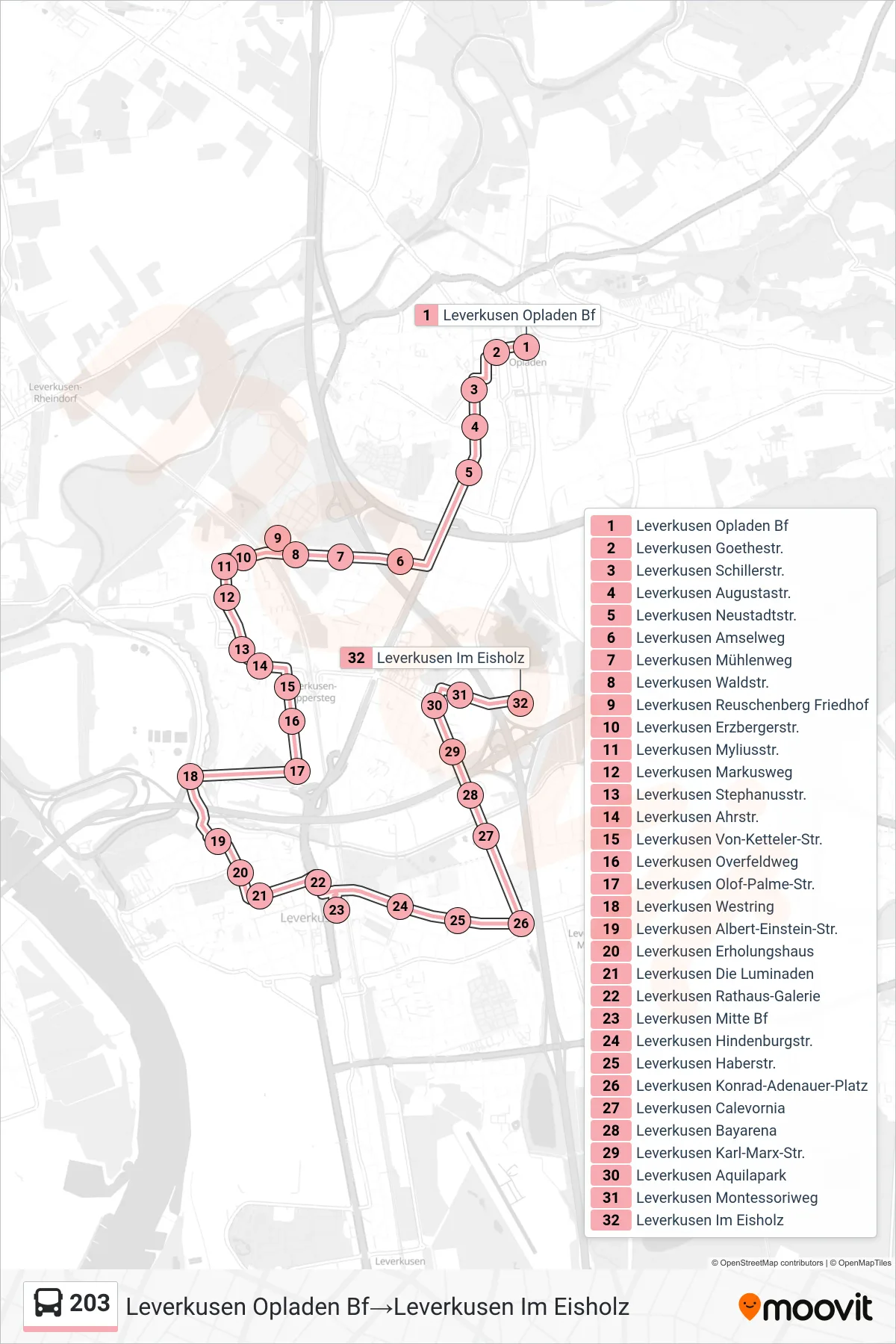 Linie 203 (Bus) Richtung Leverkusen Opladen Bf→Leverkusen Im Eisholz: Route und Haltestellen auf der Karte