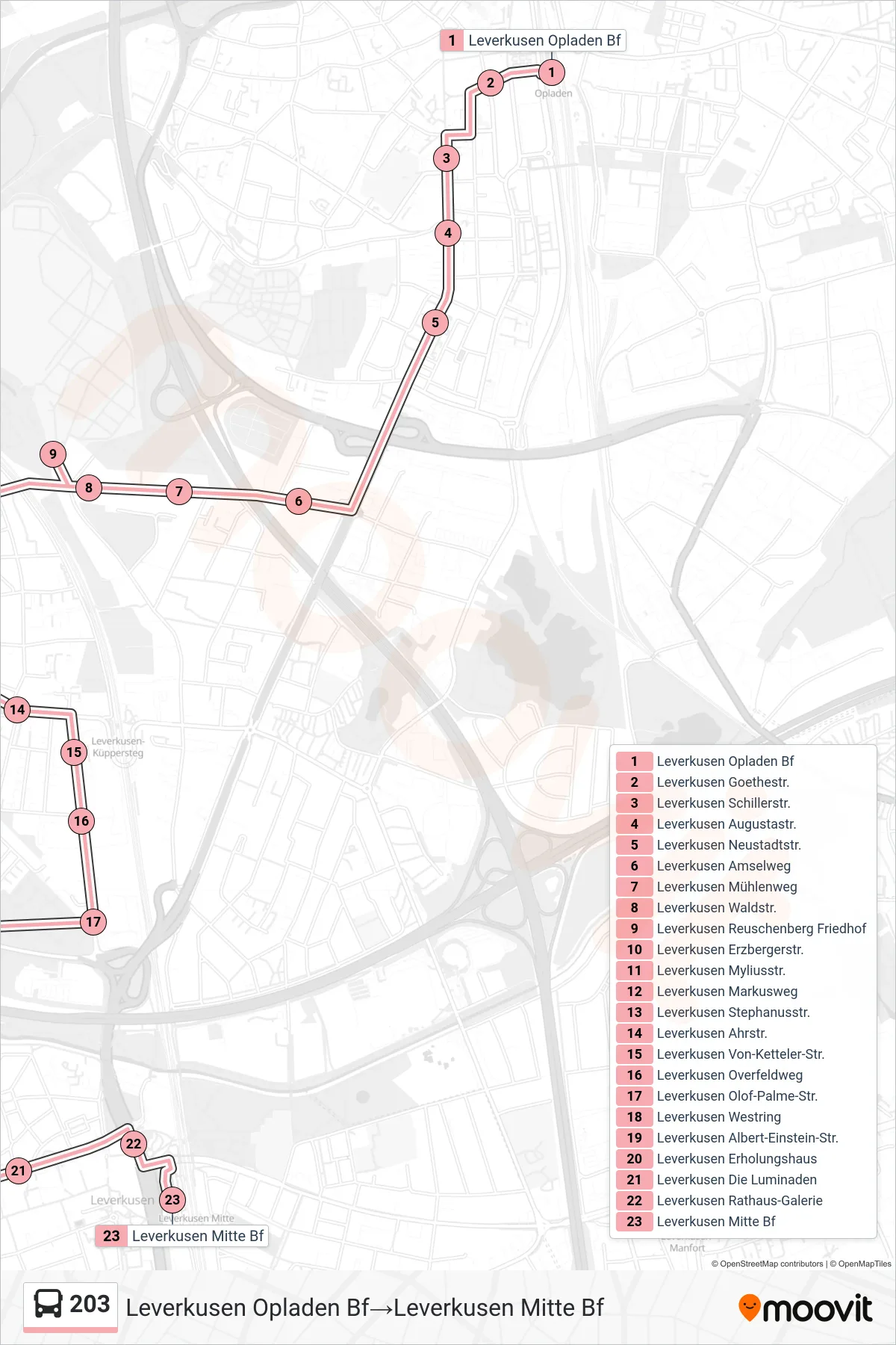 Linie 203 (Bus) Richtung Leverkusen Opladen Bf→Leverkusen Mitte Bf: Route und Haltestellen auf der Karte