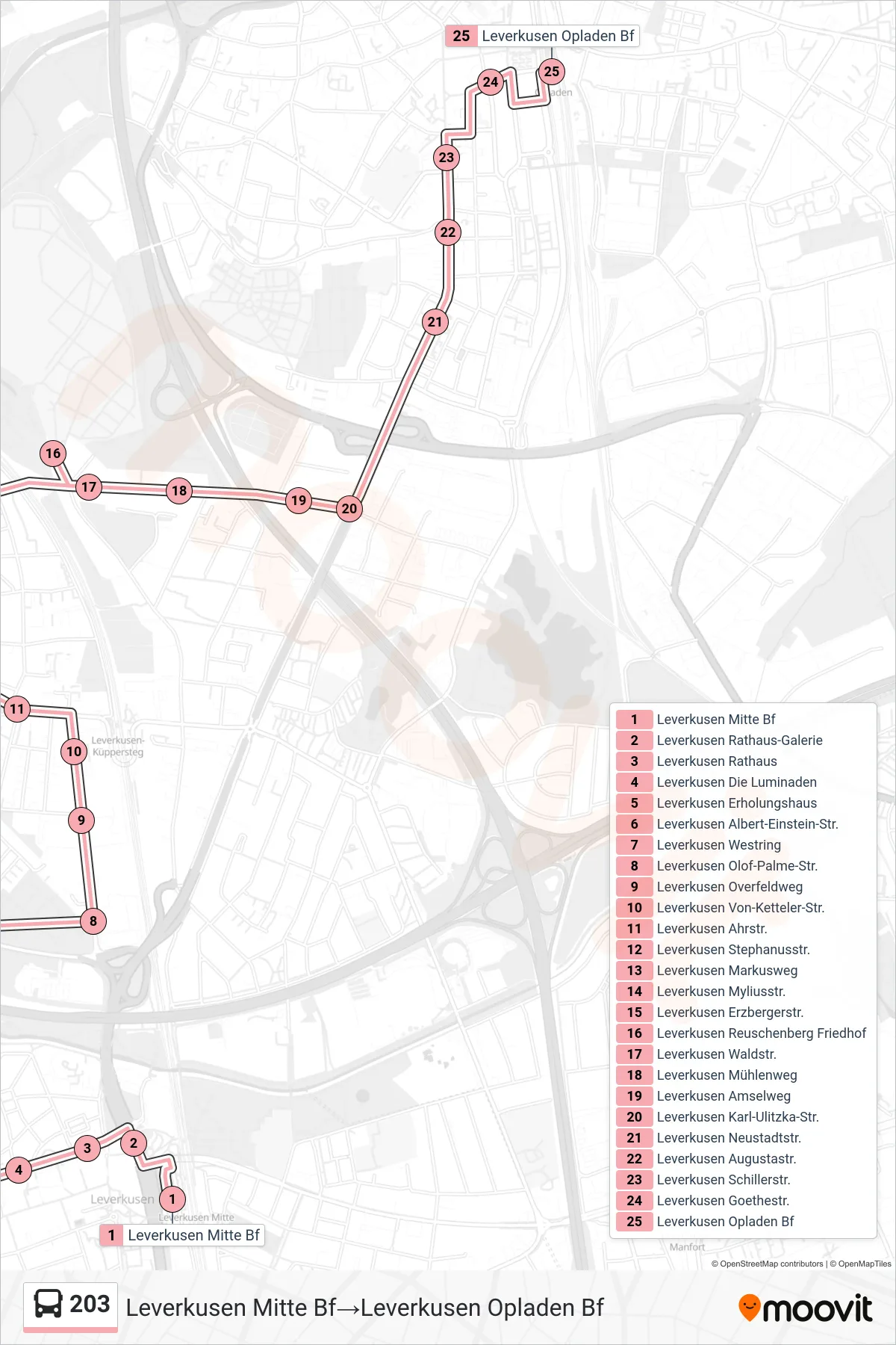 203 bus Line (Leverkusen Mitte Bf→Leverkusen Opladen Bf) route and stops on a map