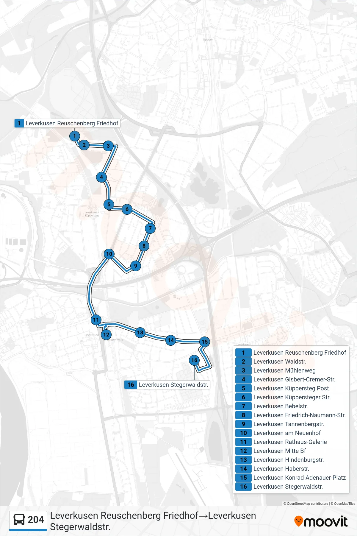 Linie 204 (Bus) Richtung Leverkusen Reuschenberg Friedhof‎→Leverkusen Stegerwaldstr.: Route und Haltestellen auf der Karte