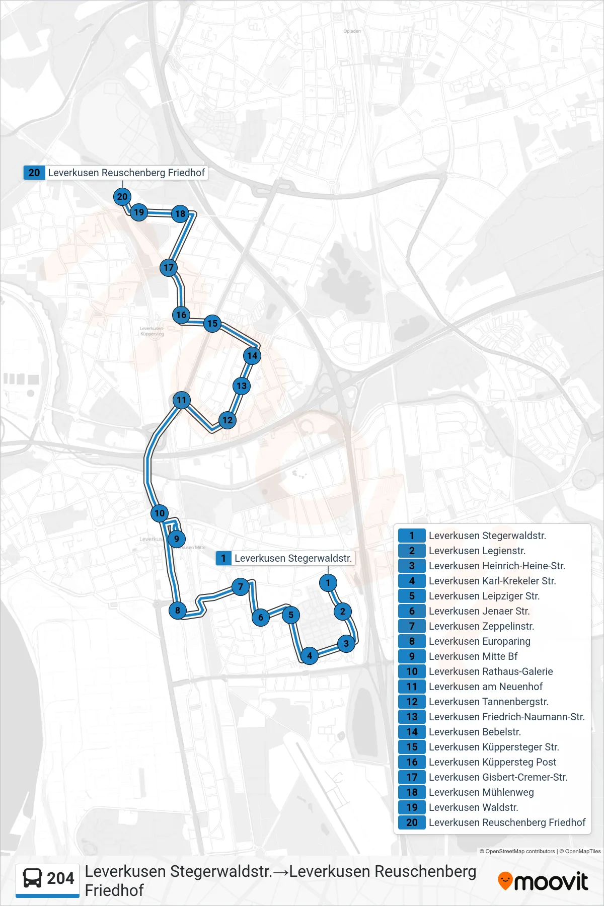 Linie 204 (Bus) Richtung Leverkusen Stegerwaldstr.‎→Leverkusen Reuschenberg Friedhof: Route und Haltestellen auf der Karte