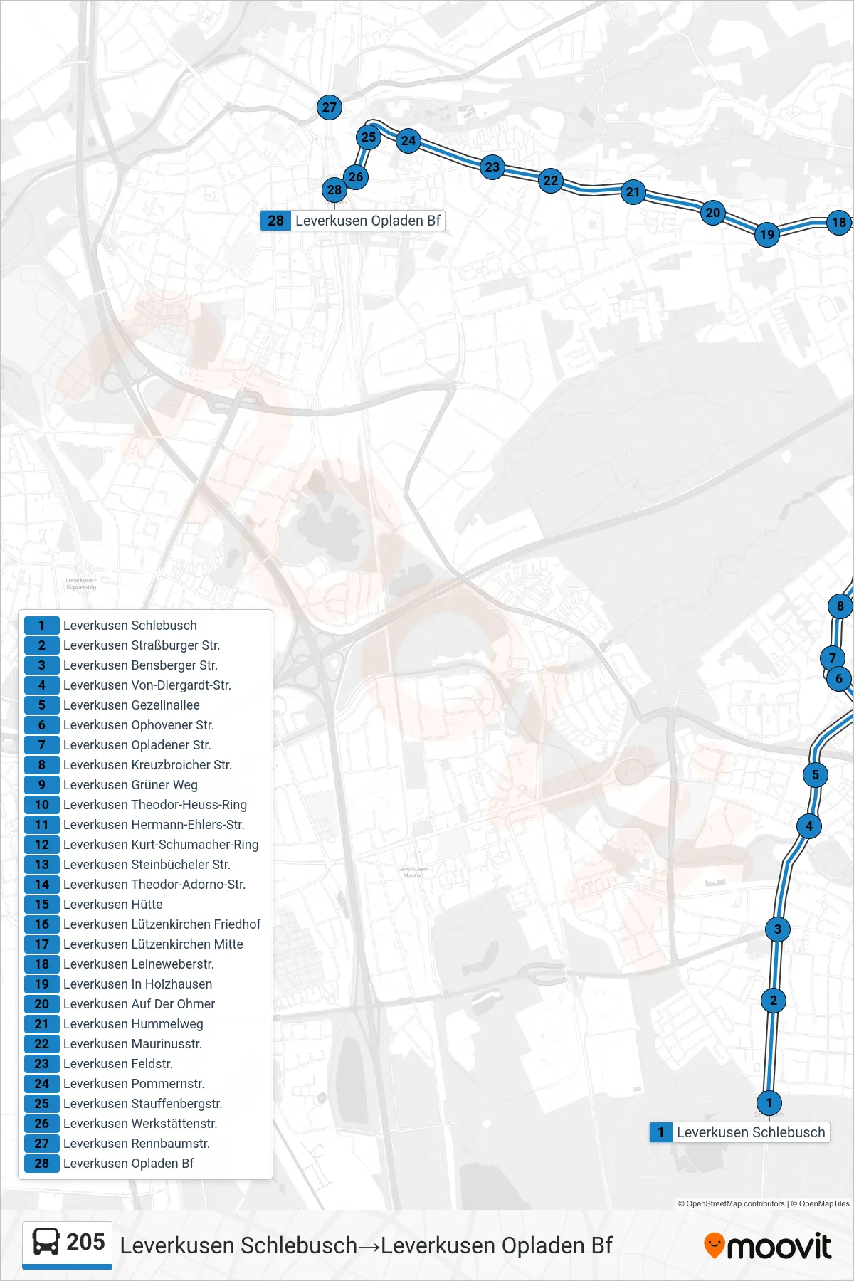 205 bus Line (Leverkusen Schlebusch‎→Leverkusen Opladen Bf) route and stops on a map