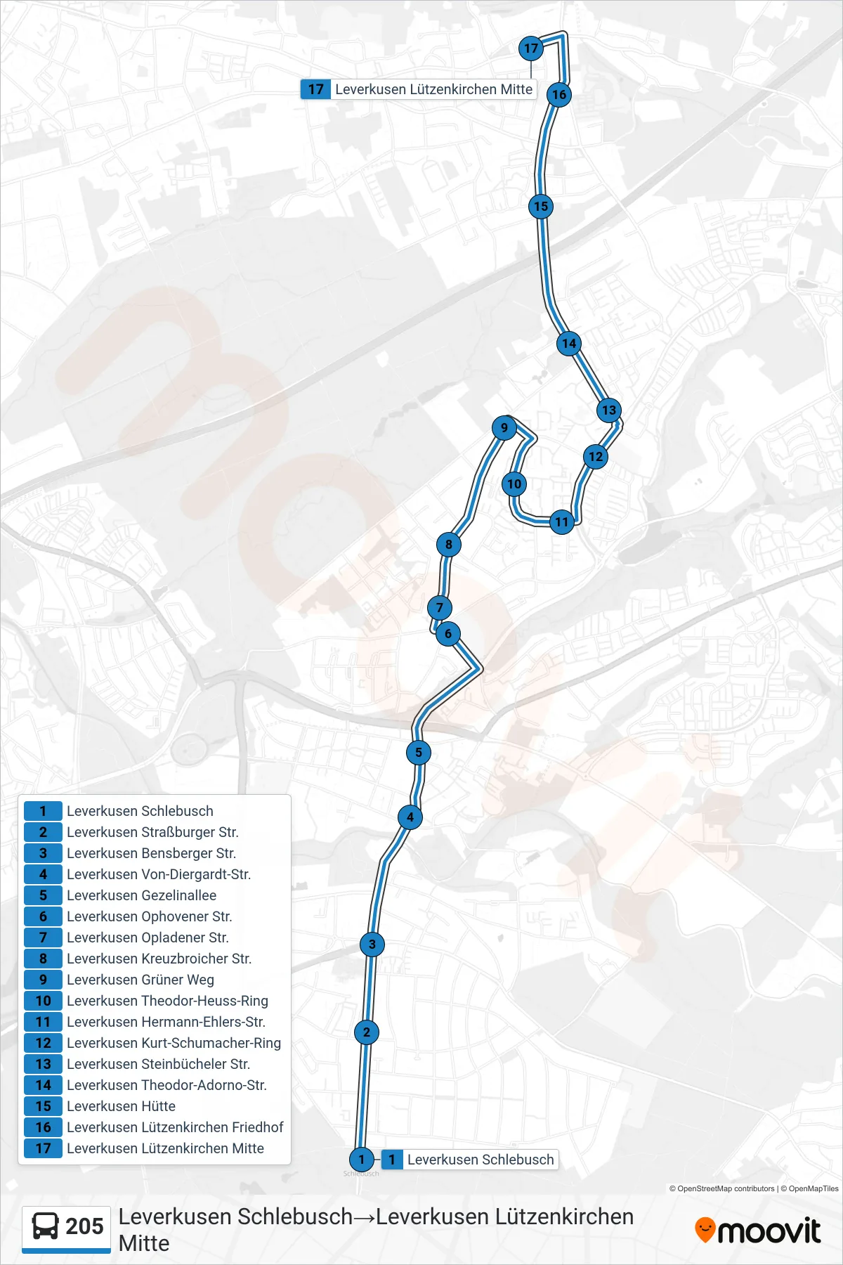 Linie 205 (Bus) Richtung Leverkusen Schlebusch→Leverkusen Lützenkirchen Mitte: Route und Haltestellen auf der Karte