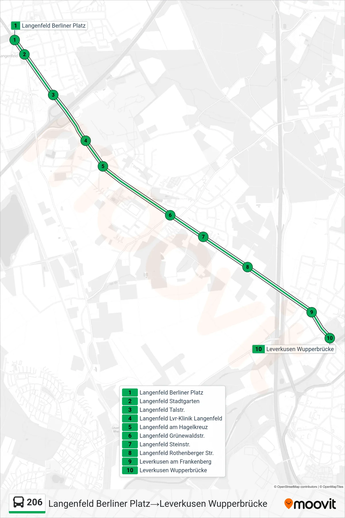 Linie 206 (Bus) Richtung Langenfeld Berliner Platz‎→Leverkusen Wupperbrücke: Route und Haltestellen auf der Karte
