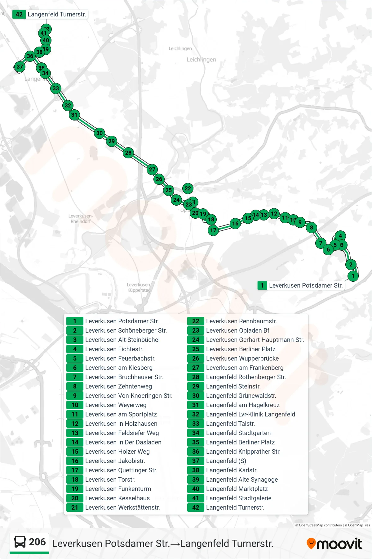 206 bus Line (Leverkusen Potsdamer Str.→Langenfeld Turnerstr.) route and stops on a map