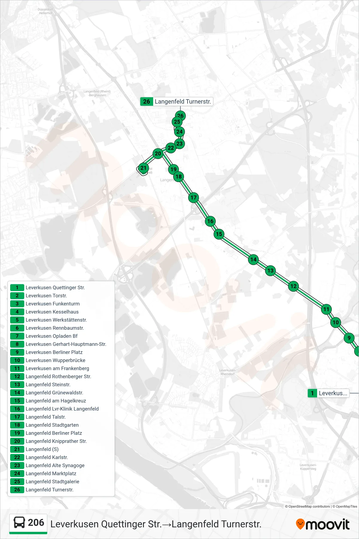 Linie 206 (Bus) Richtung Leverkusen Quettinger Str.‎→Langenfeld Turnerstr.: Route und Haltestellen auf der Karte