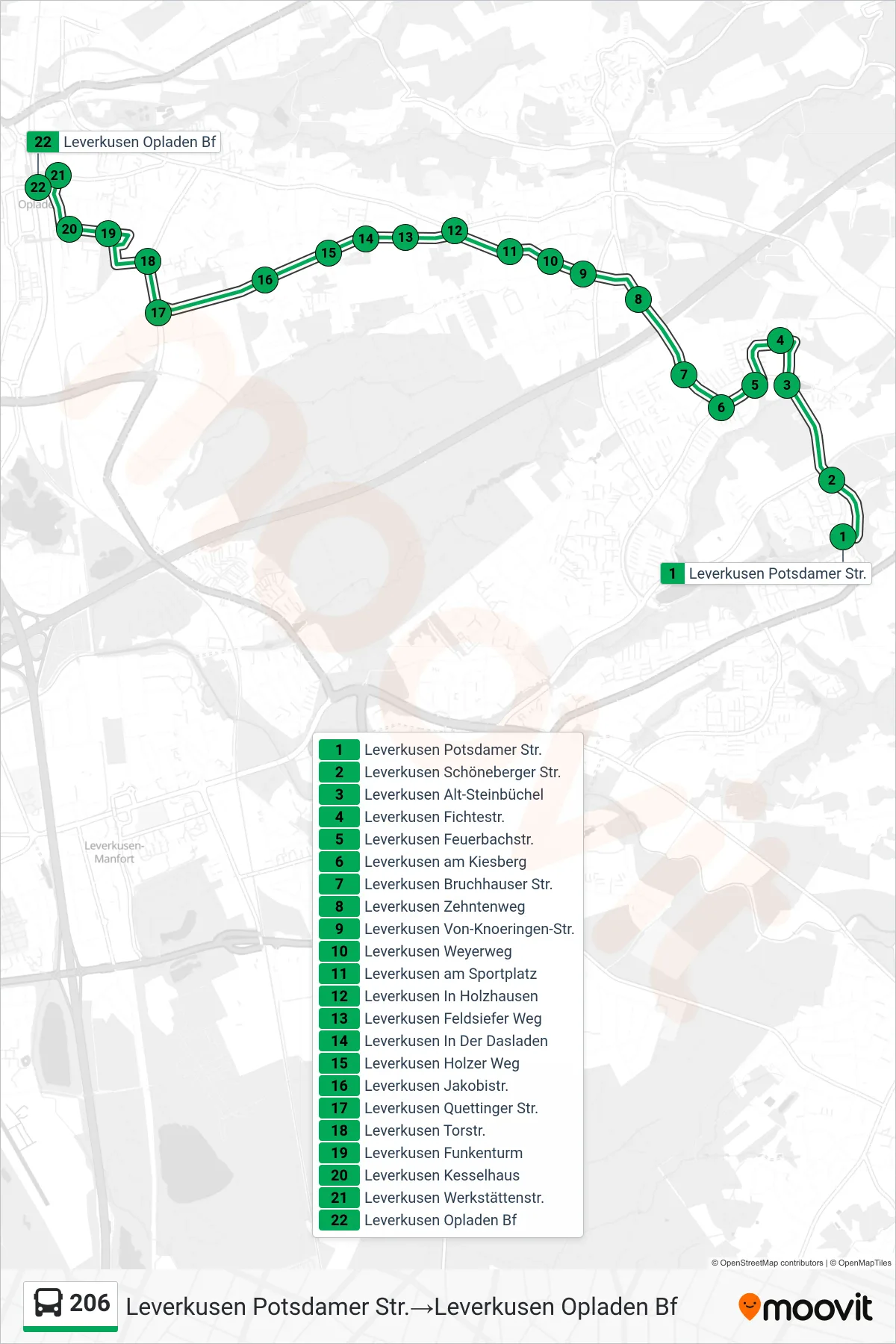 Linie 206 (Bus) Richtung Leverkusen Potsdamer Str.‎→Leverkusen Opladen Bf: Route und Haltestellen auf der Karte