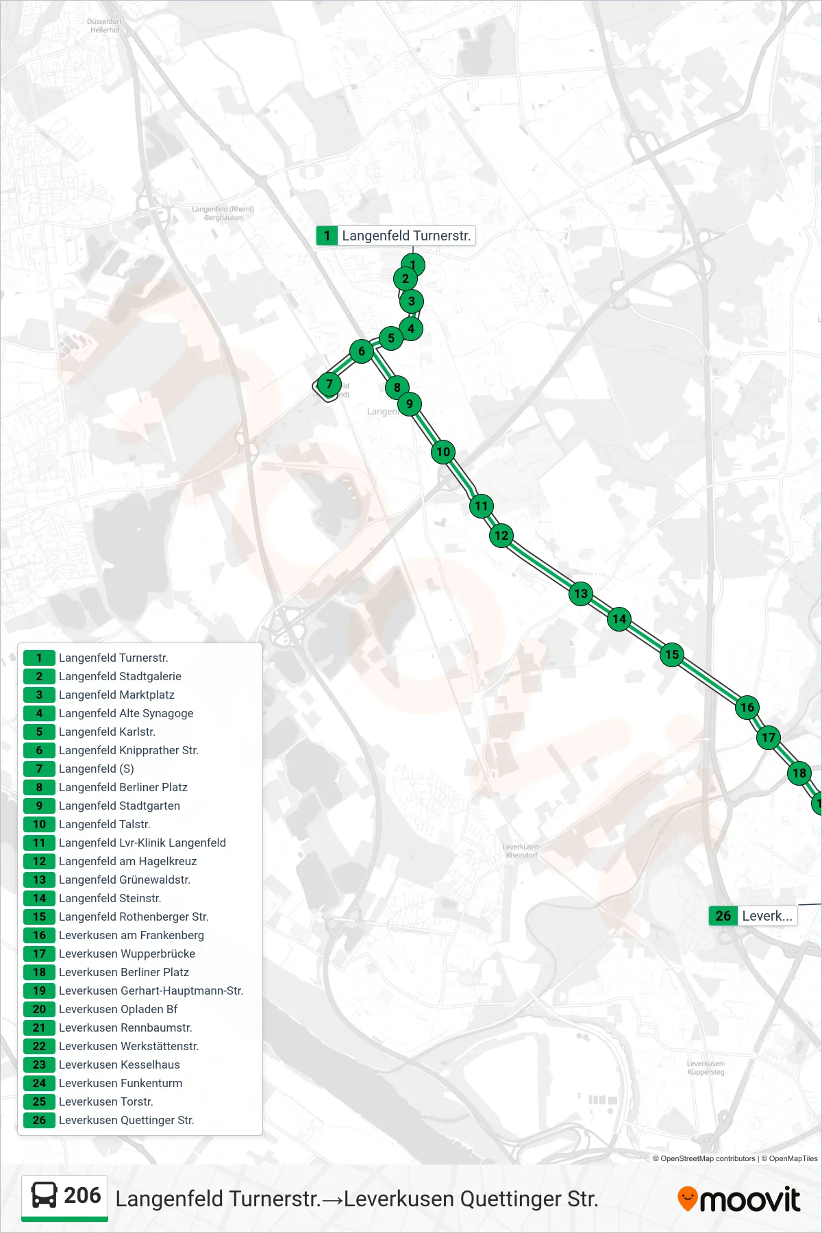 Linie 206 (Bus) Richtung Langenfeld Turnerstr.→Leverkusen Quettinger Str.: Route und Haltestellen auf der Karte