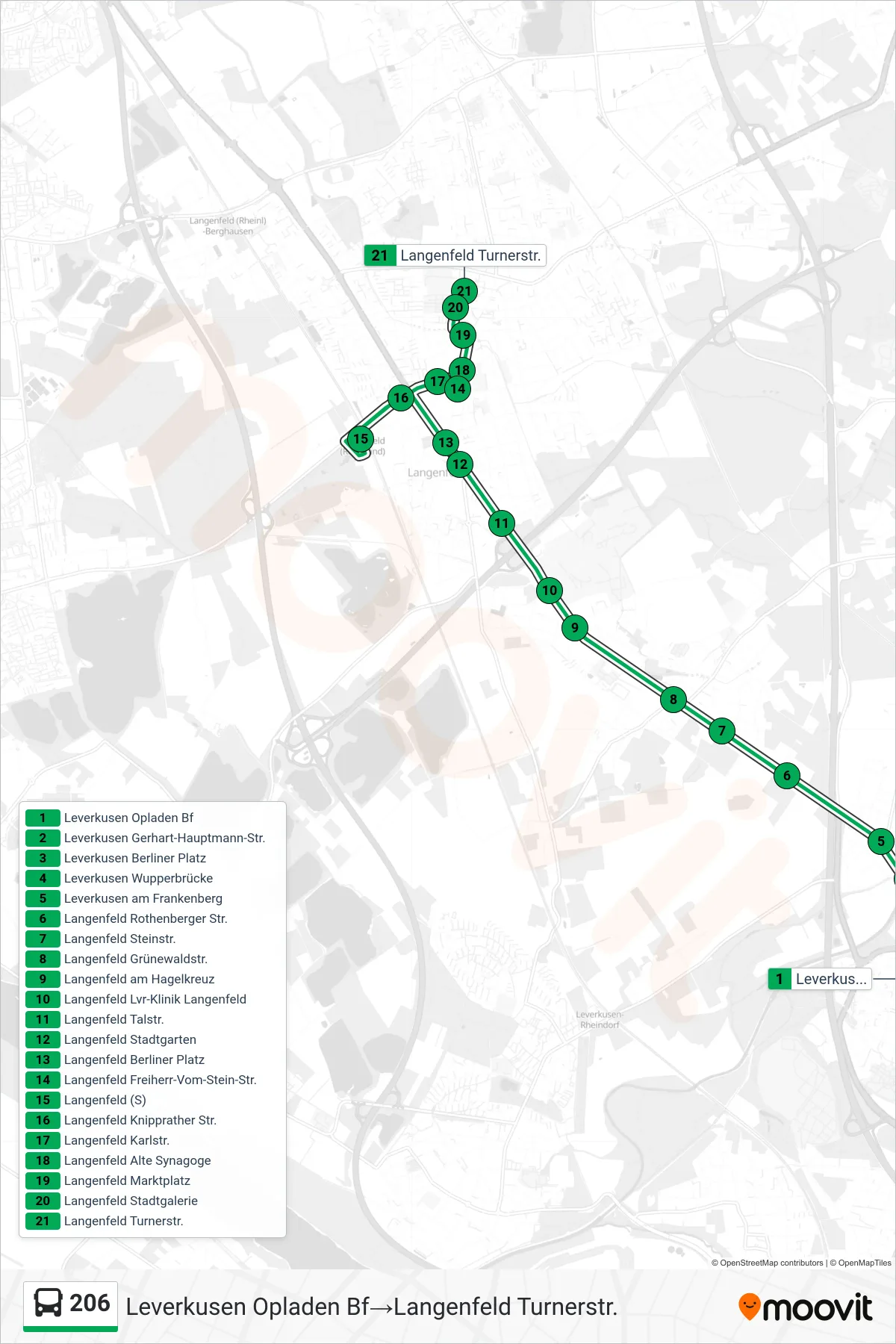 Linie 206 (Bus) Richtung Leverkusen Opladen Bf→Langenfeld Turnerstr.: Route und Haltestellen auf der Karte