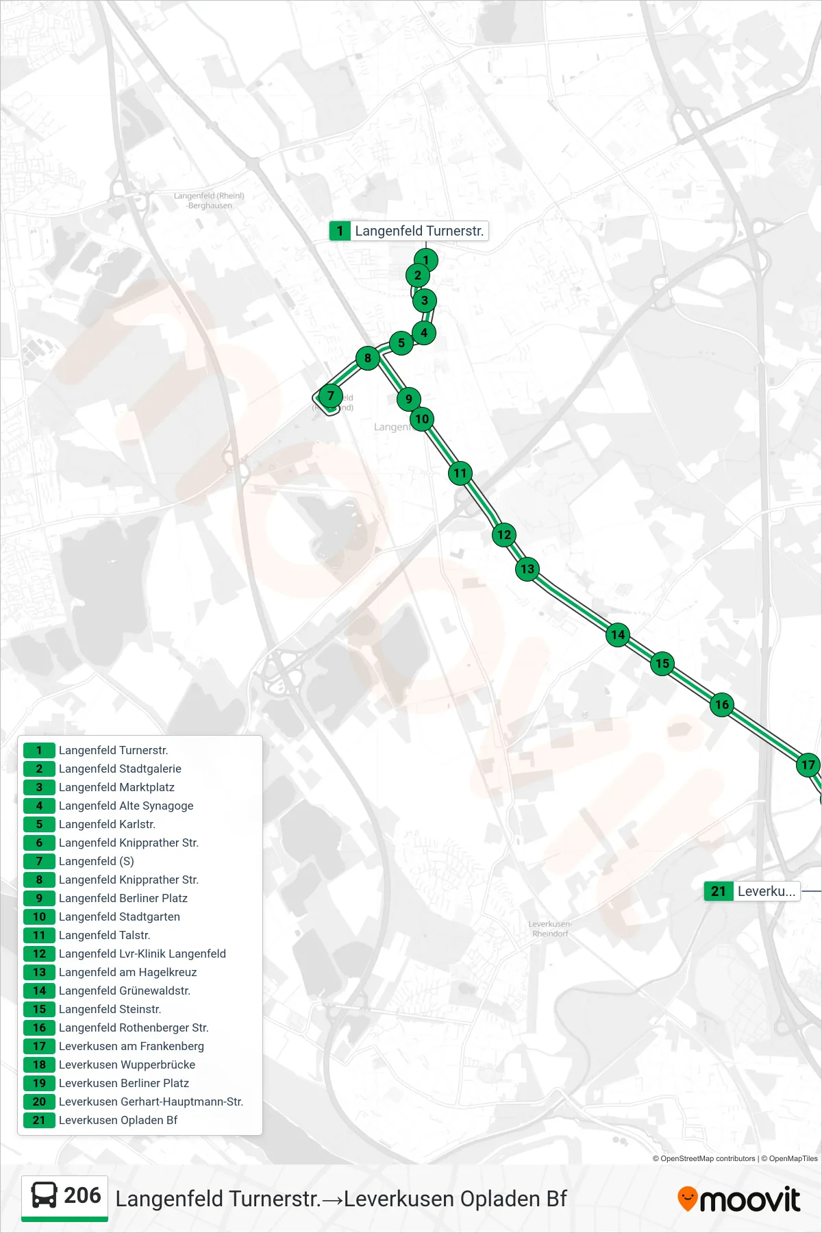Linie 206 (Bus) Richtung Langenfeld Turnerstr.‎→Leverkusen Opladen Bf: Route und Haltestellen auf der Karte