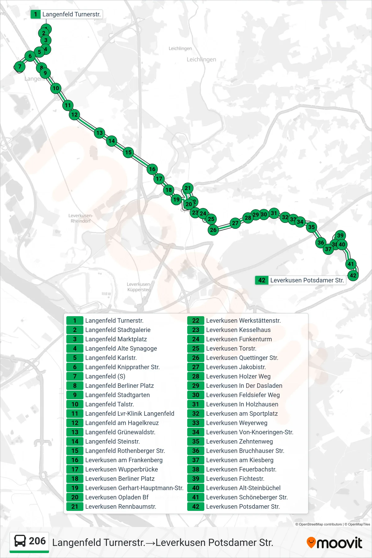 206 bus Line (Langenfeld Turnerstr.→Leverkusen Potsdamer Str.) route and stops on a map