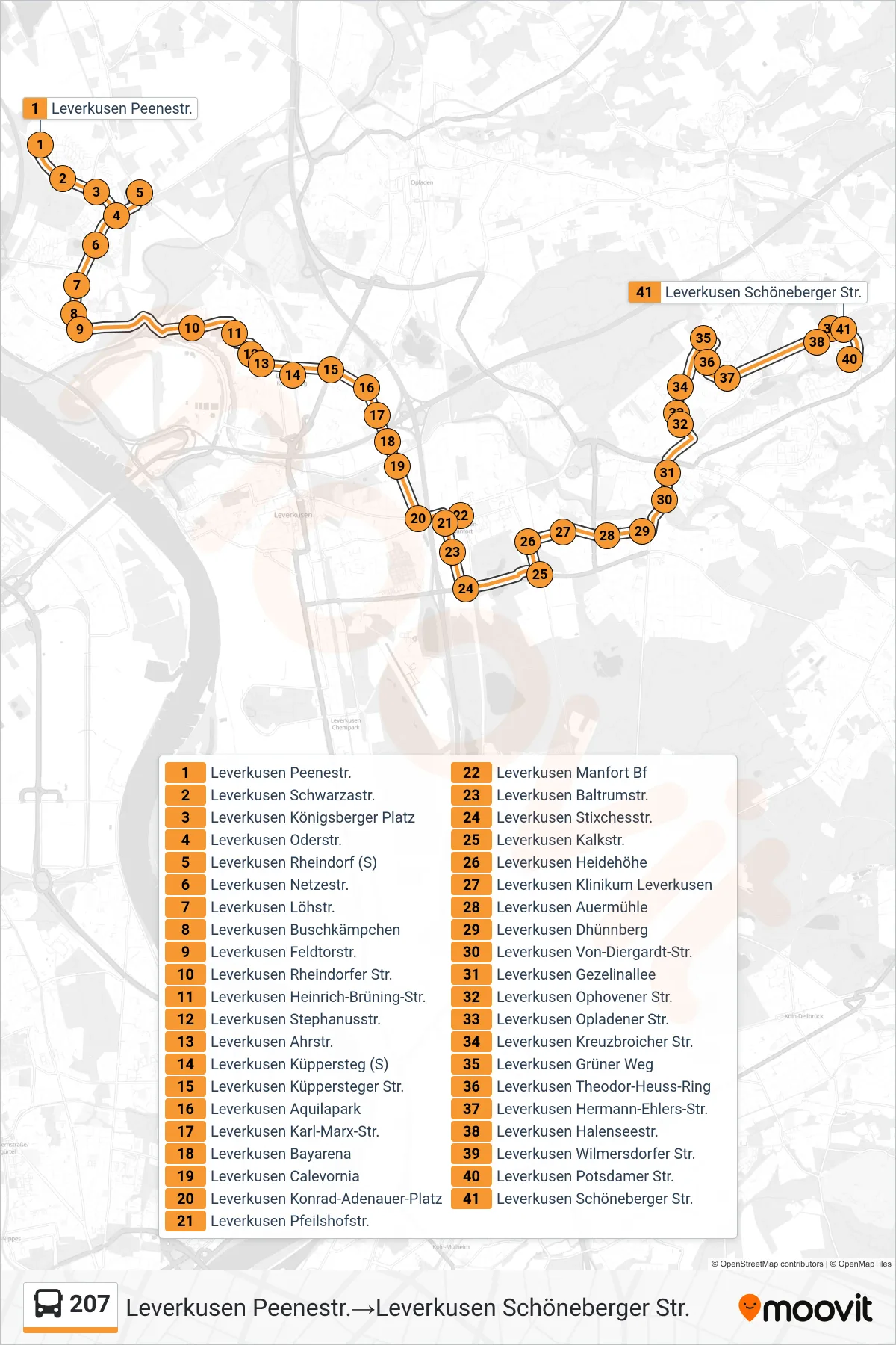 207 bus Line (Leverkusen Peenestr.‎→Leverkusen Schöneberger Str.) route and stops on a map