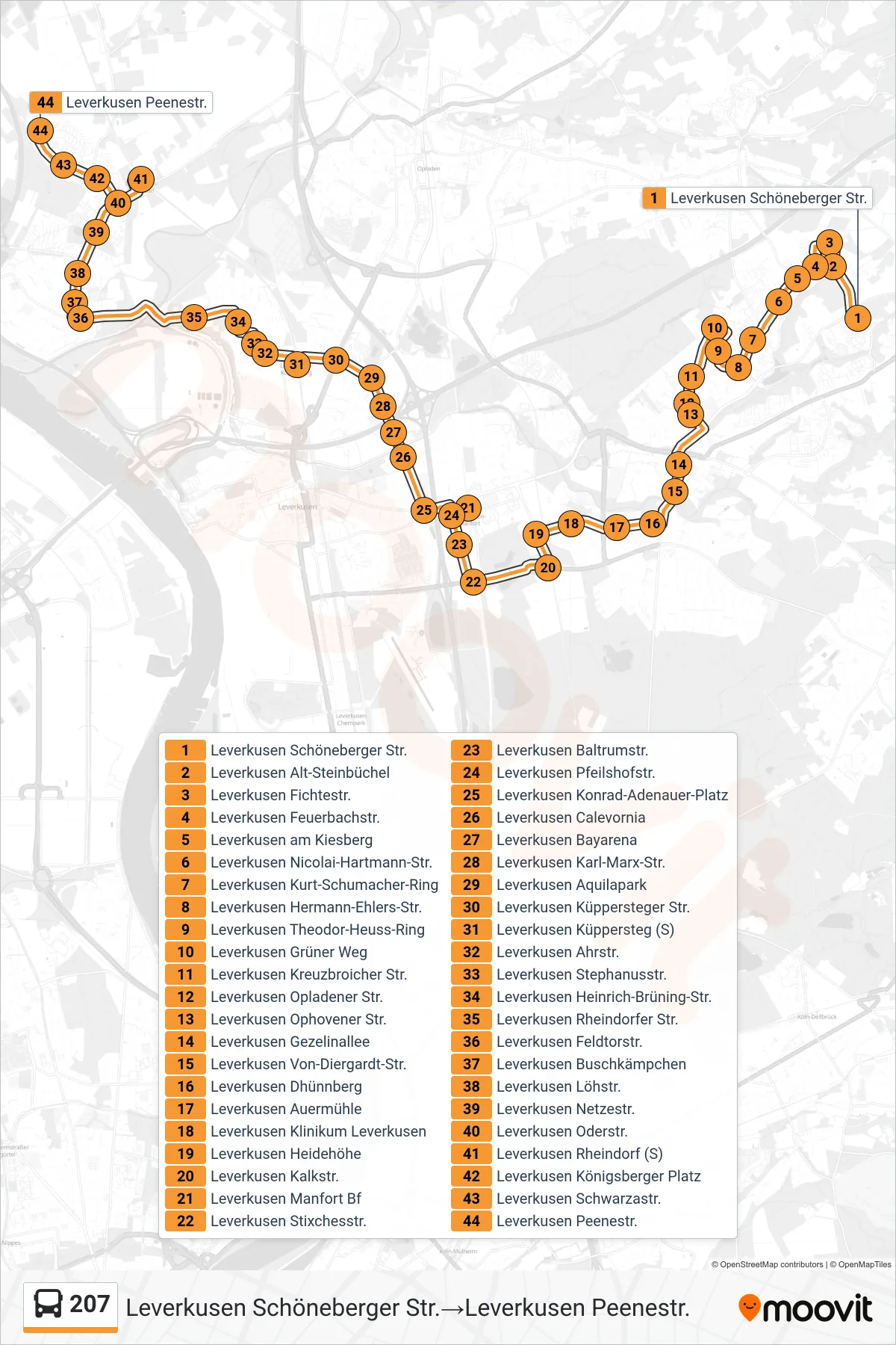 207 bus Line (Leverkusen Schöneberger Str.→Leverkusen Peenestr.) route and stops on a map