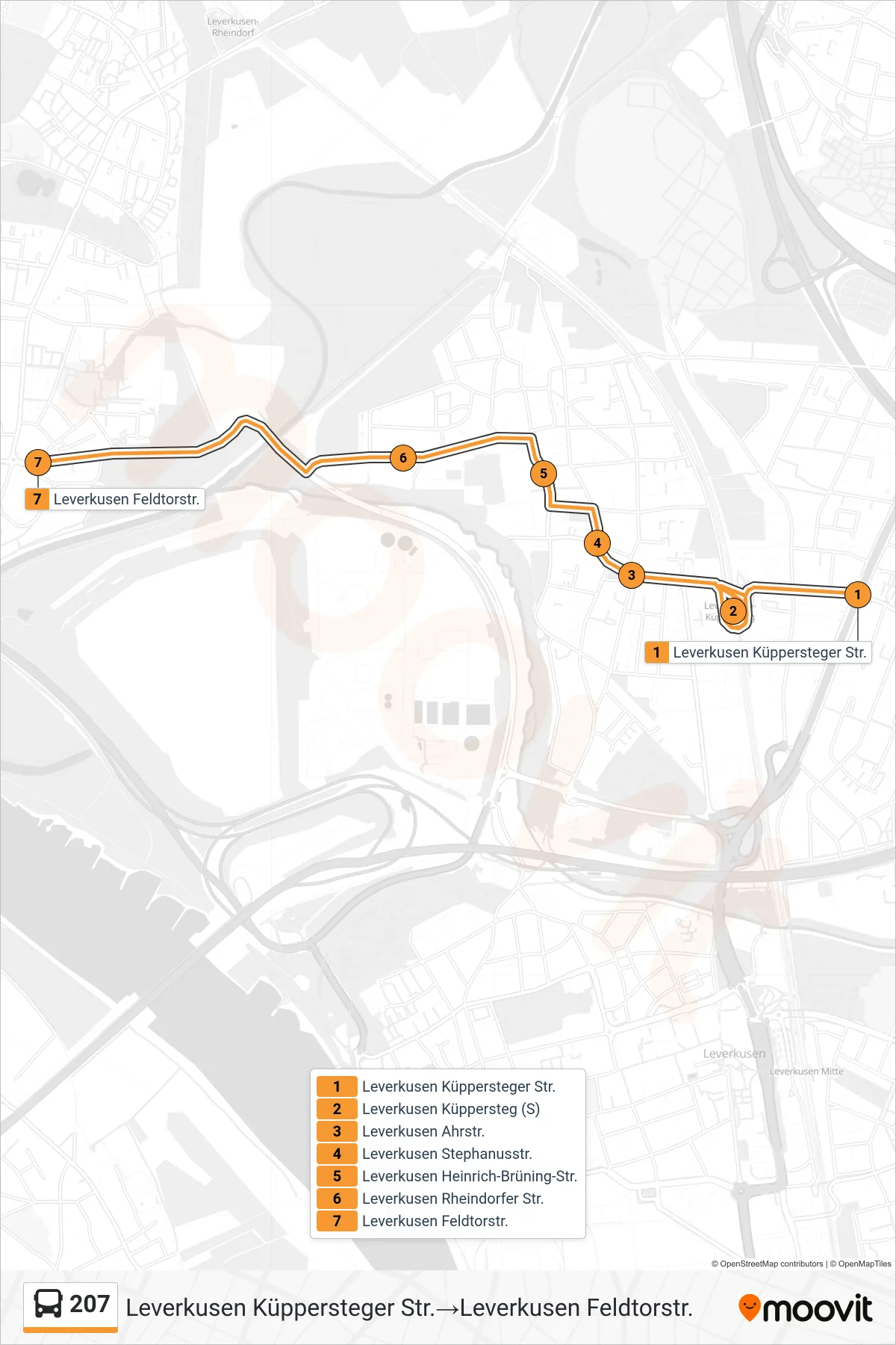 Linie 207 (Bus) Richtung Leverkusen Küppersteger Str.‎→Leverkusen Feldtorstr.: Route und Haltestellen auf der Karte