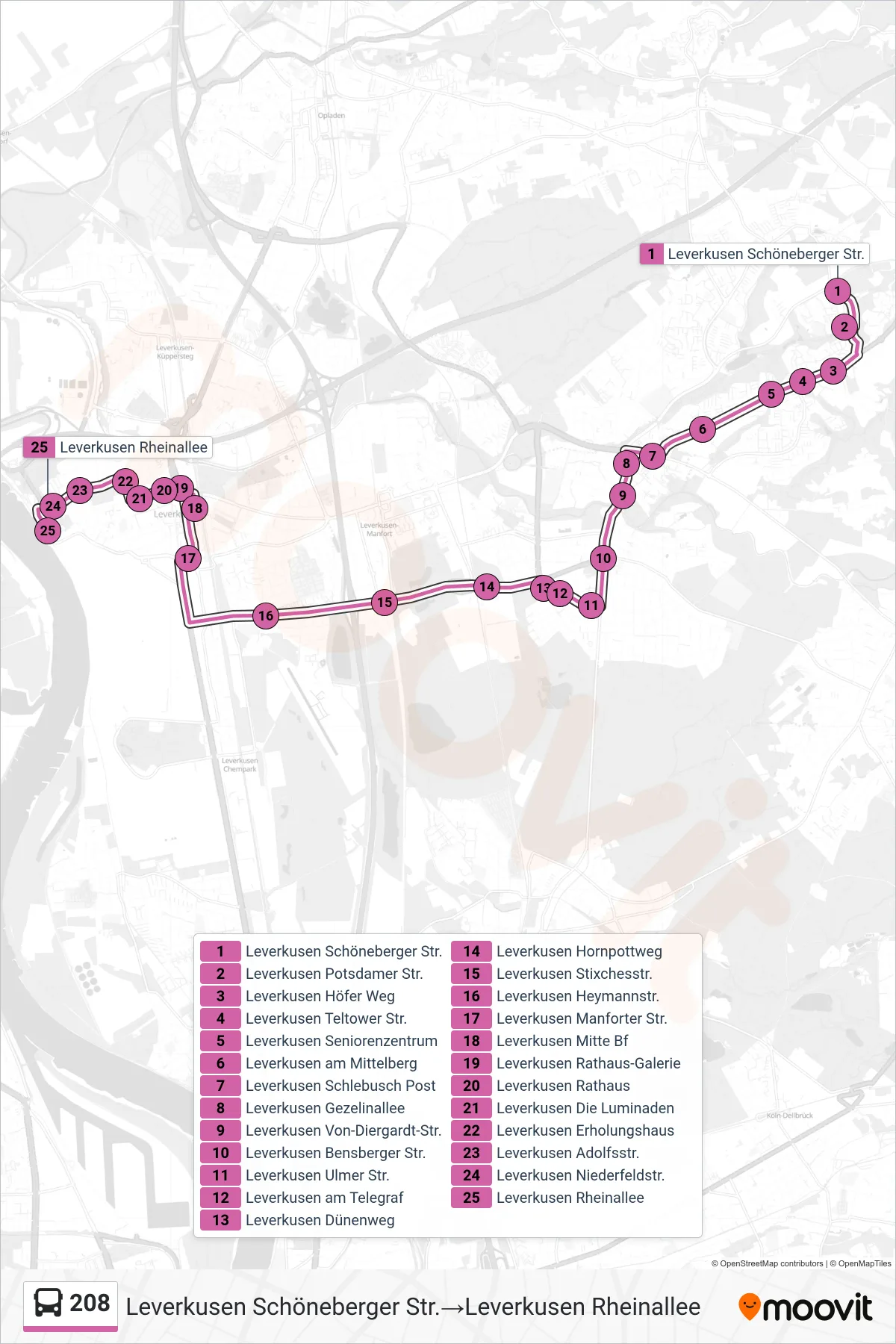 Linie 208 (Bus) Richtung Leverkusen Schöneberger Str.‎→Leverkusen Rheinallee: Route und Haltestellen auf der Karte