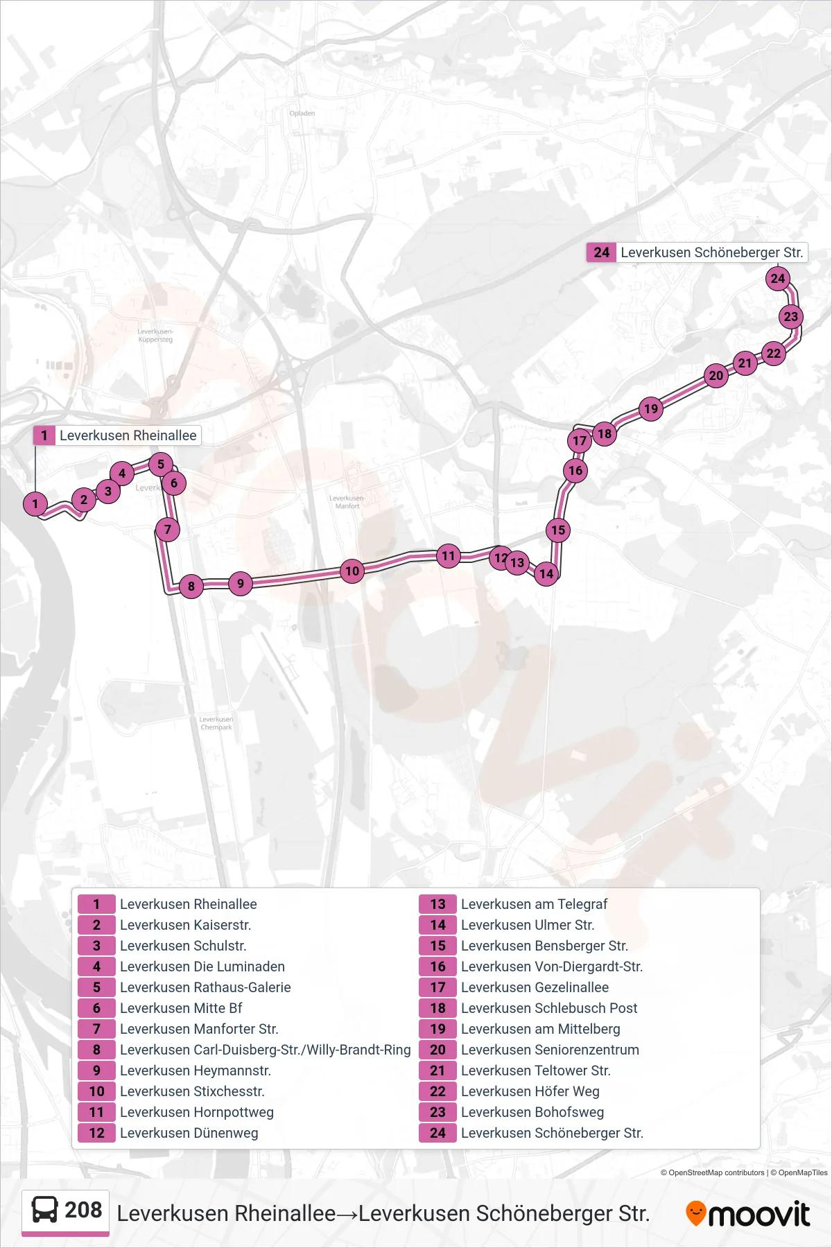 Linie 208 (Bus) Richtung Leverkusen Rheinallee→Leverkusen Schöneberger Str.: Route und Haltestellen auf der Karte