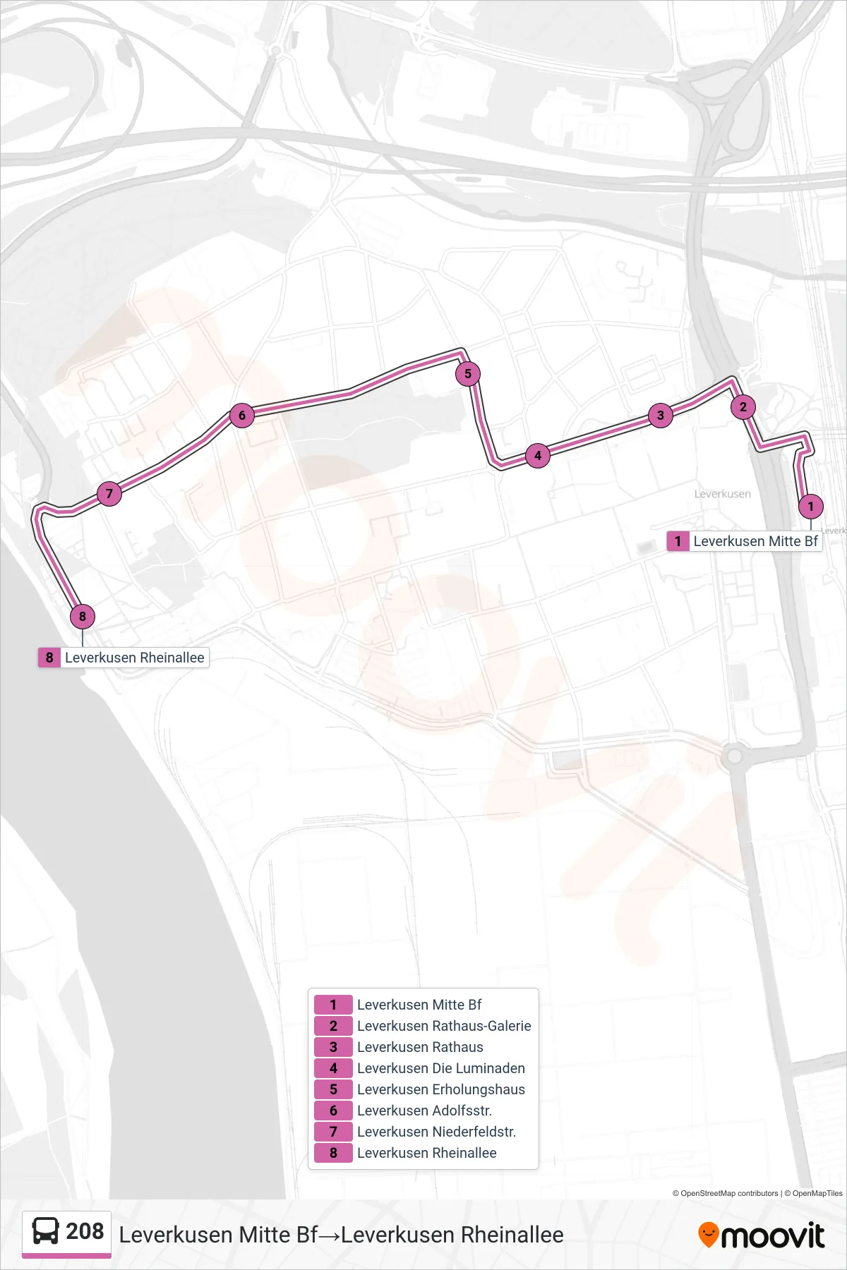 Linie 208 (Bus) Richtung Leverkusen Mitte Bf‎→Leverkusen Rheinallee: Route und Haltestellen auf der Karte