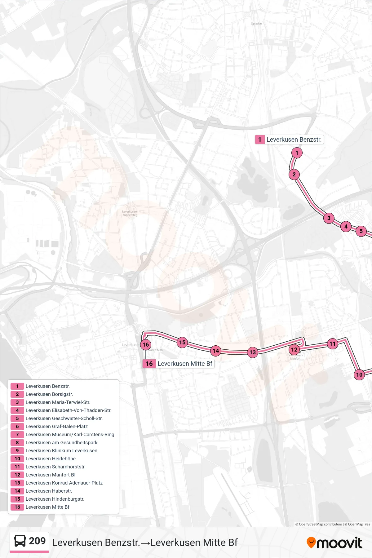 Linie 209 (Bus) Richtung Leverkusen Benzstr.→Leverkusen Mitte Bf: Route und Haltestellen auf der Karte