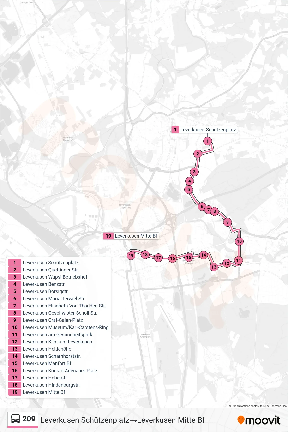 Linie 209 (Bus) Richtung Leverkusen Schützenplatz→Leverkusen Mitte Bf: Route und Haltestellen auf der Karte