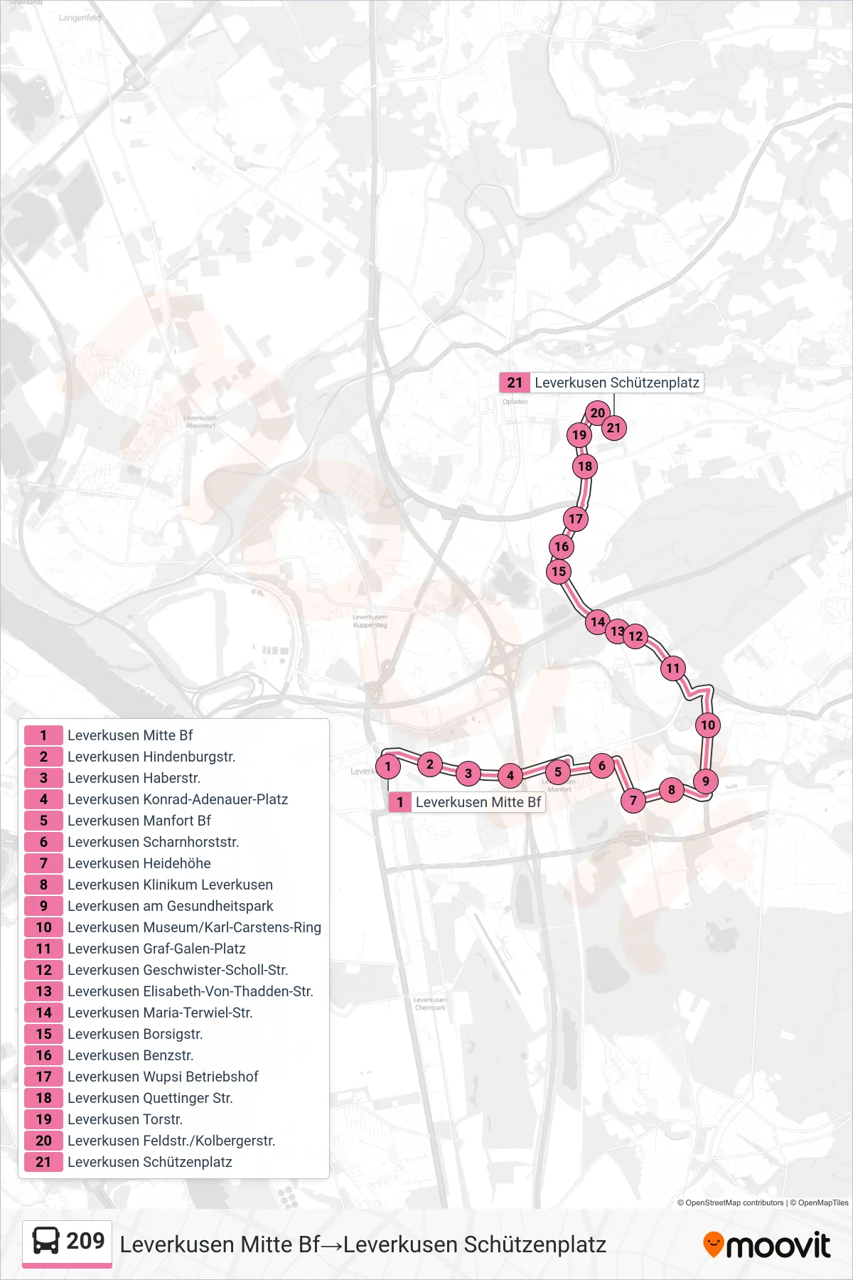 209 bus Line (Leverkusen Mitte Bf‎→Leverkusen Schützenplatz) route and stops on a map