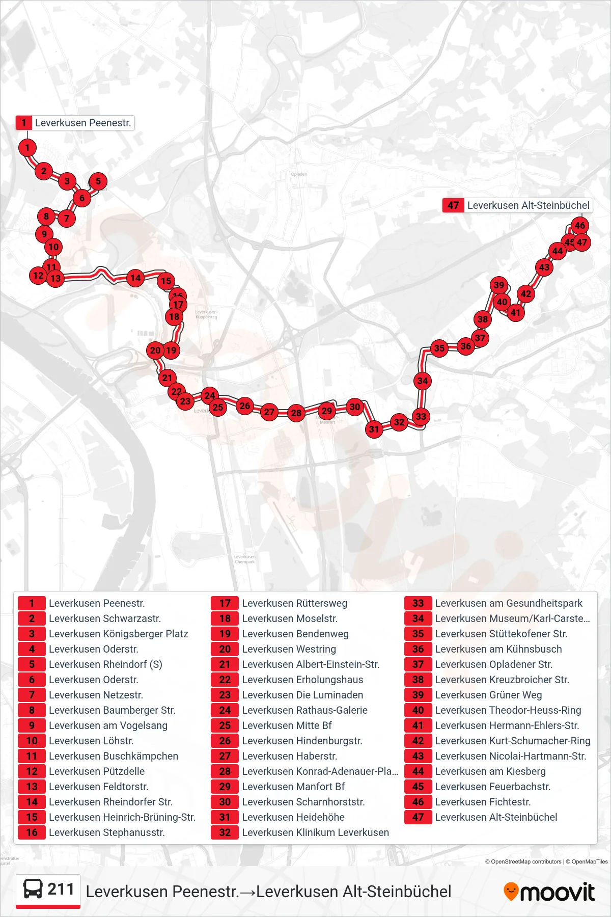 Linie 211 (Bus) Richtung Leverkusen Peenestr.‎→Leverkusen Alt-Steinbüchel: Route und Haltestellen auf der Karte
