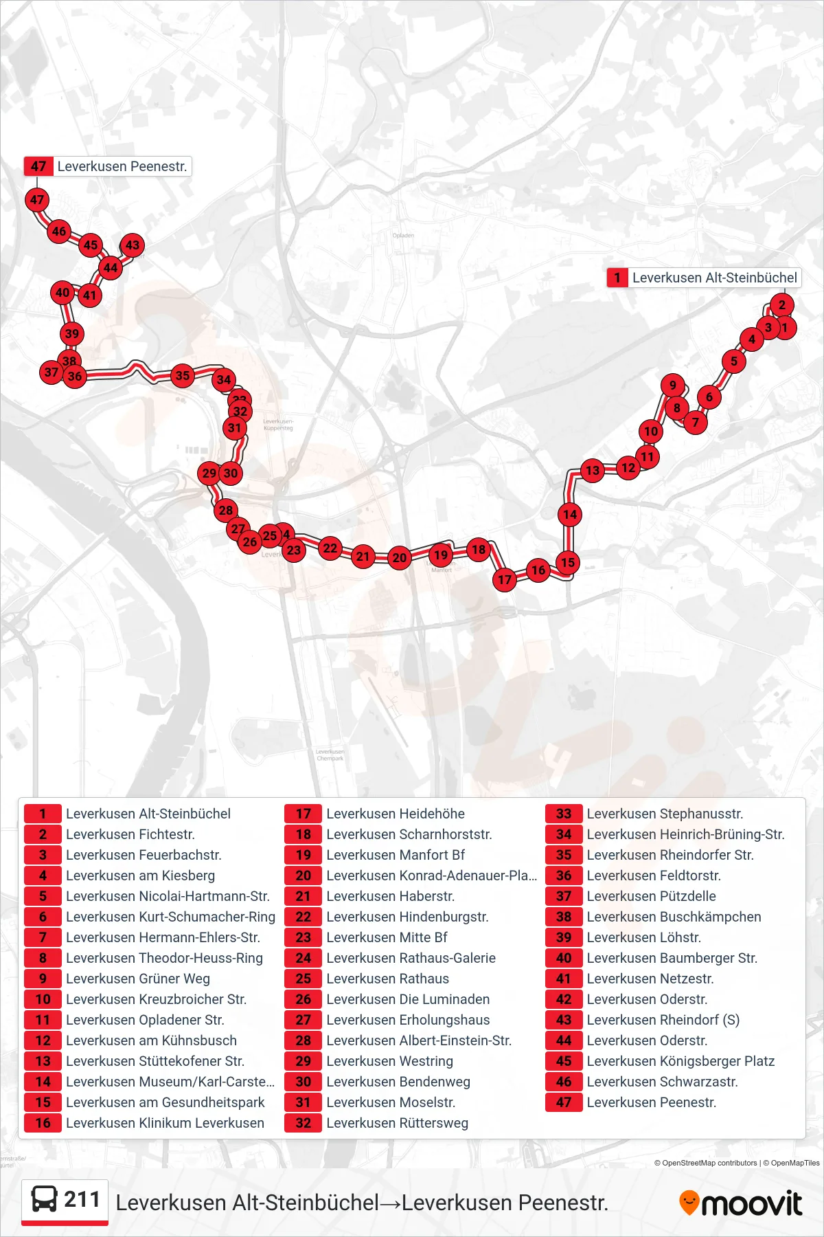 Linie 211 (Bus) Richtung Leverkusen Alt-Steinbüchel‎→Leverkusen Peenestr.: Route und Haltestellen auf der Karte