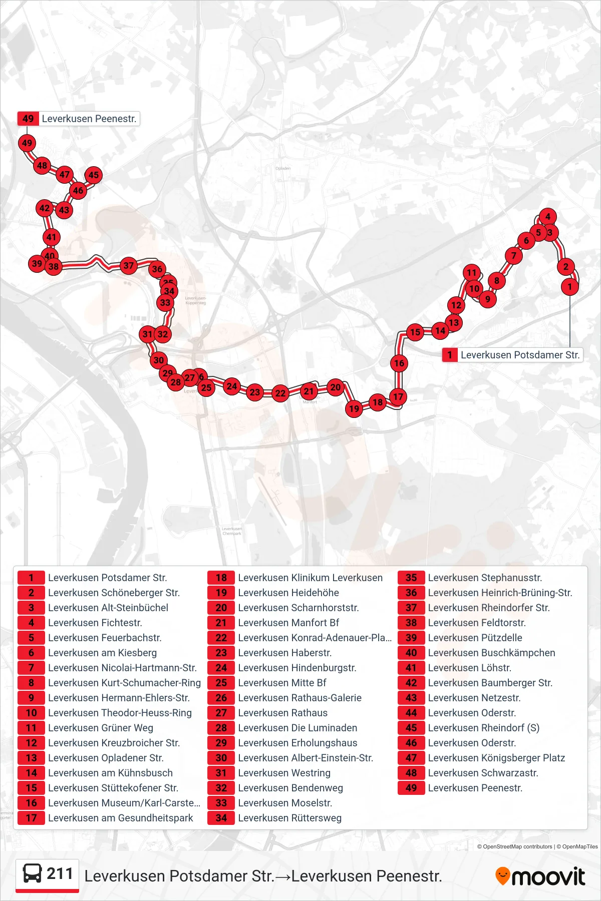 Linie 211 (Bus) Richtung Leverkusen Potsdamer Str.‎→Leverkusen Peenestr.: Route und Haltestellen auf der Karte