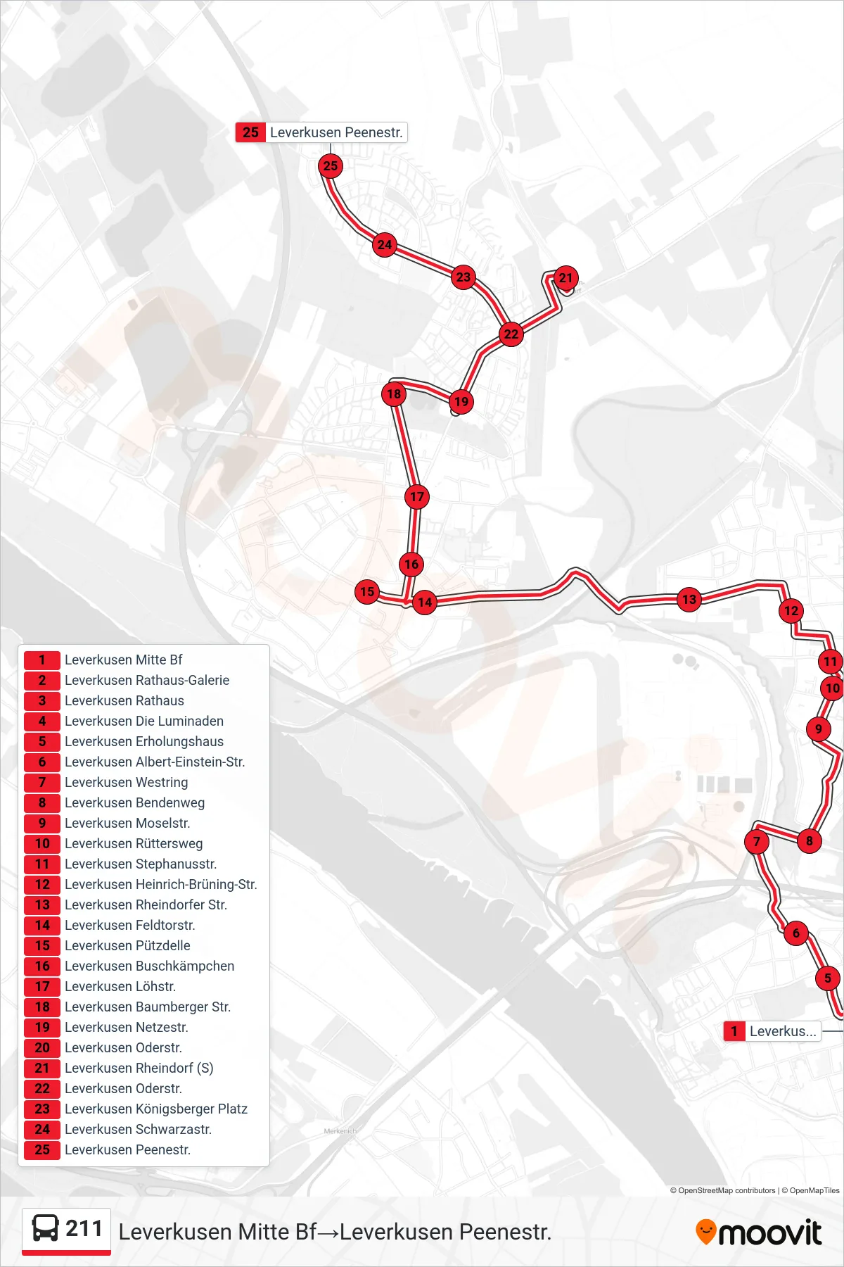 Linie 211 (Bus) Richtung Leverkusen Mitte Bf‎→Leverkusen Peenestr.: Route und Haltestellen auf der Karte