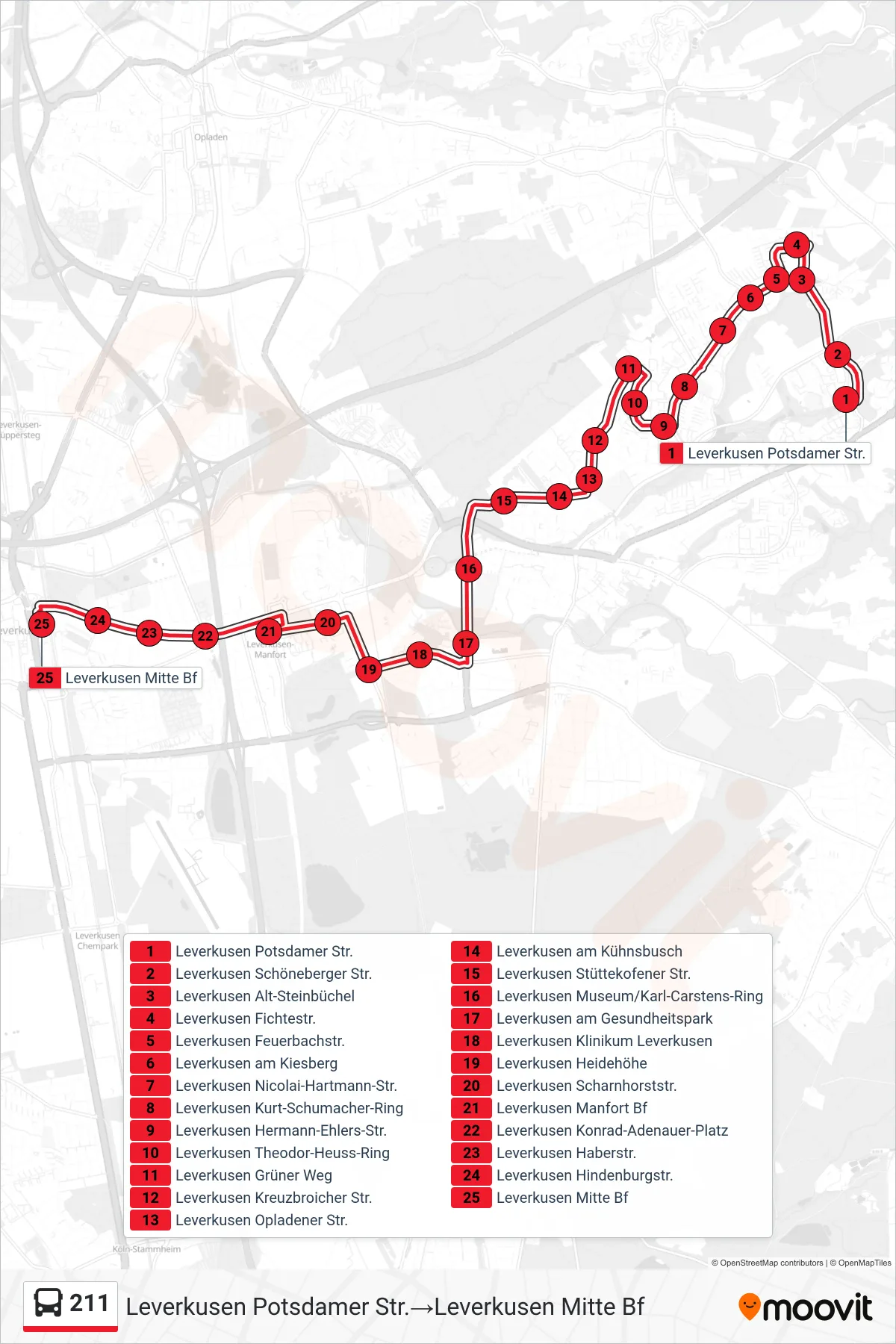 211 bus Line (Leverkusen Potsdamer Str.→Leverkusen Mitte Bf) route and stops on a map