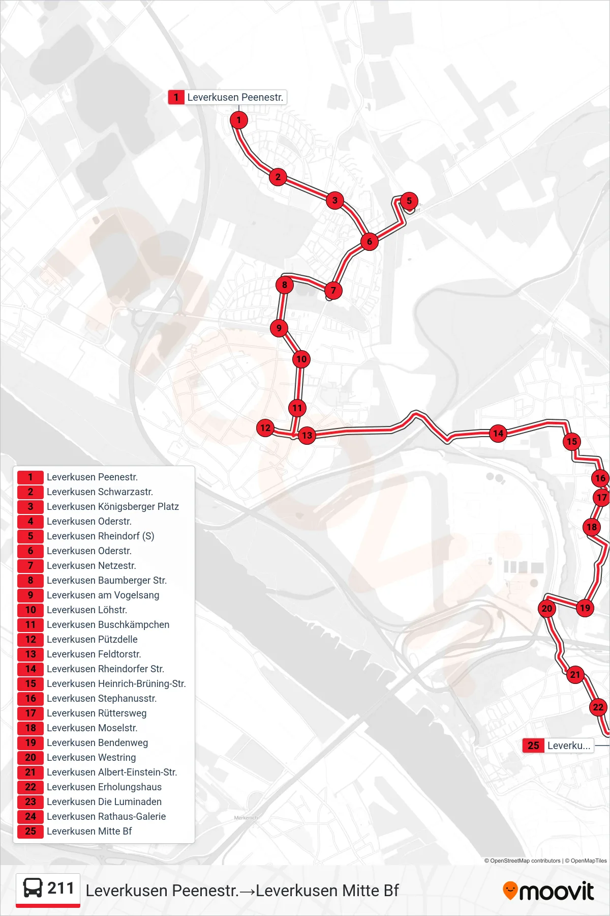 211 bus Line (Leverkusen Peenestr.→Leverkusen Mitte Bf) route and stops on a map