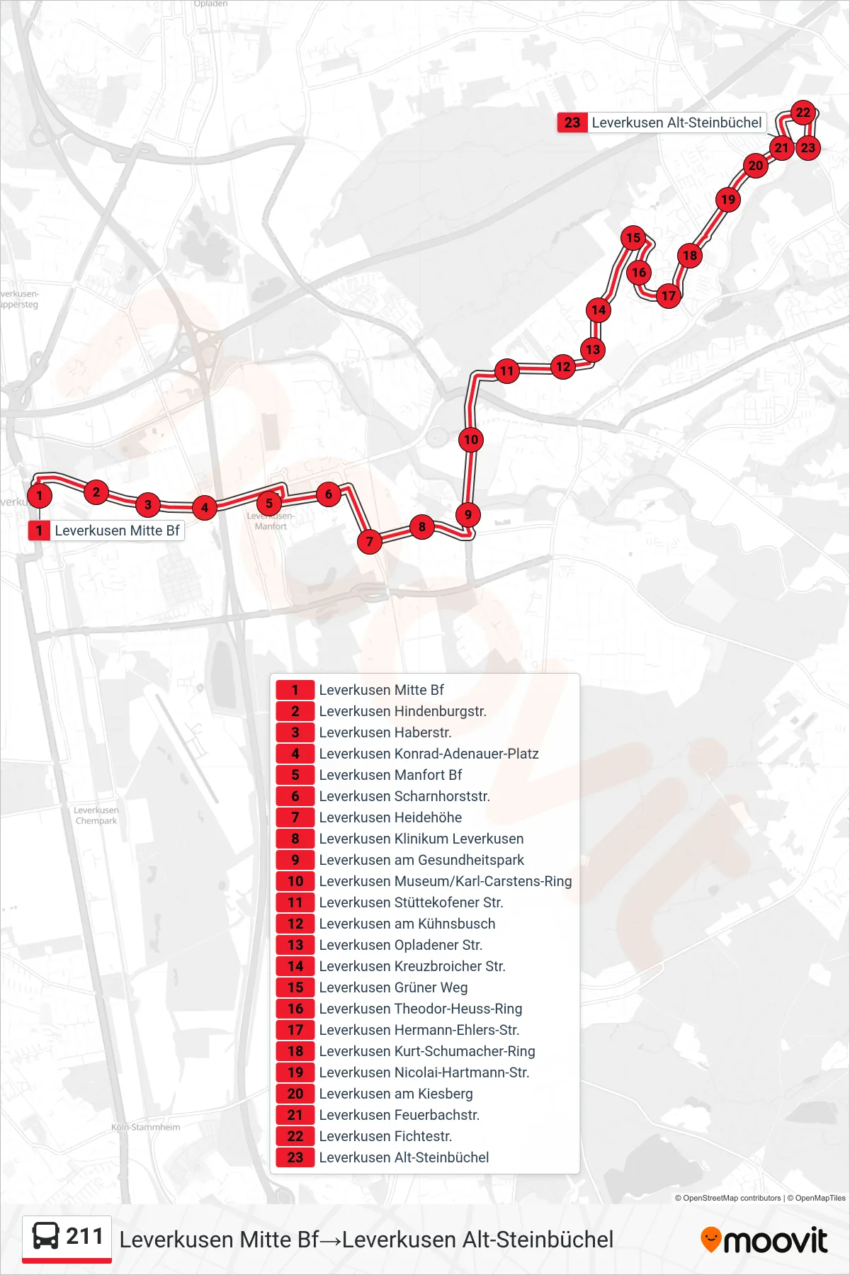 Linie 211 (Bus) Richtung Leverkusen Mitte Bf→Leverkusen Alt-Steinbüchel: Route und Haltestellen auf der Karte