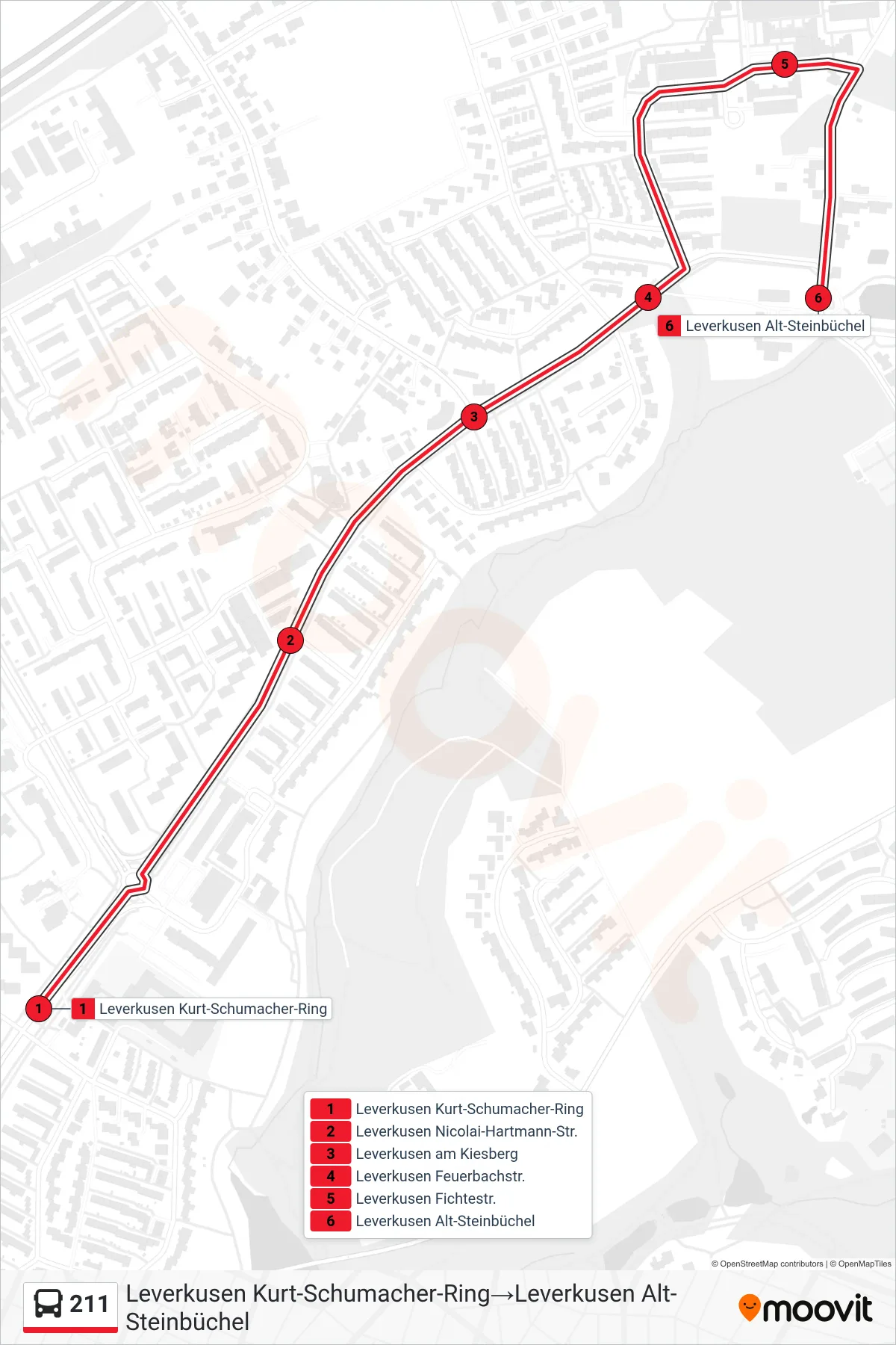 211 bus Line (Leverkusen Kurt-Schumacher-Ring→Leverkusen Alt-Steinbüchel) route and stops on a map