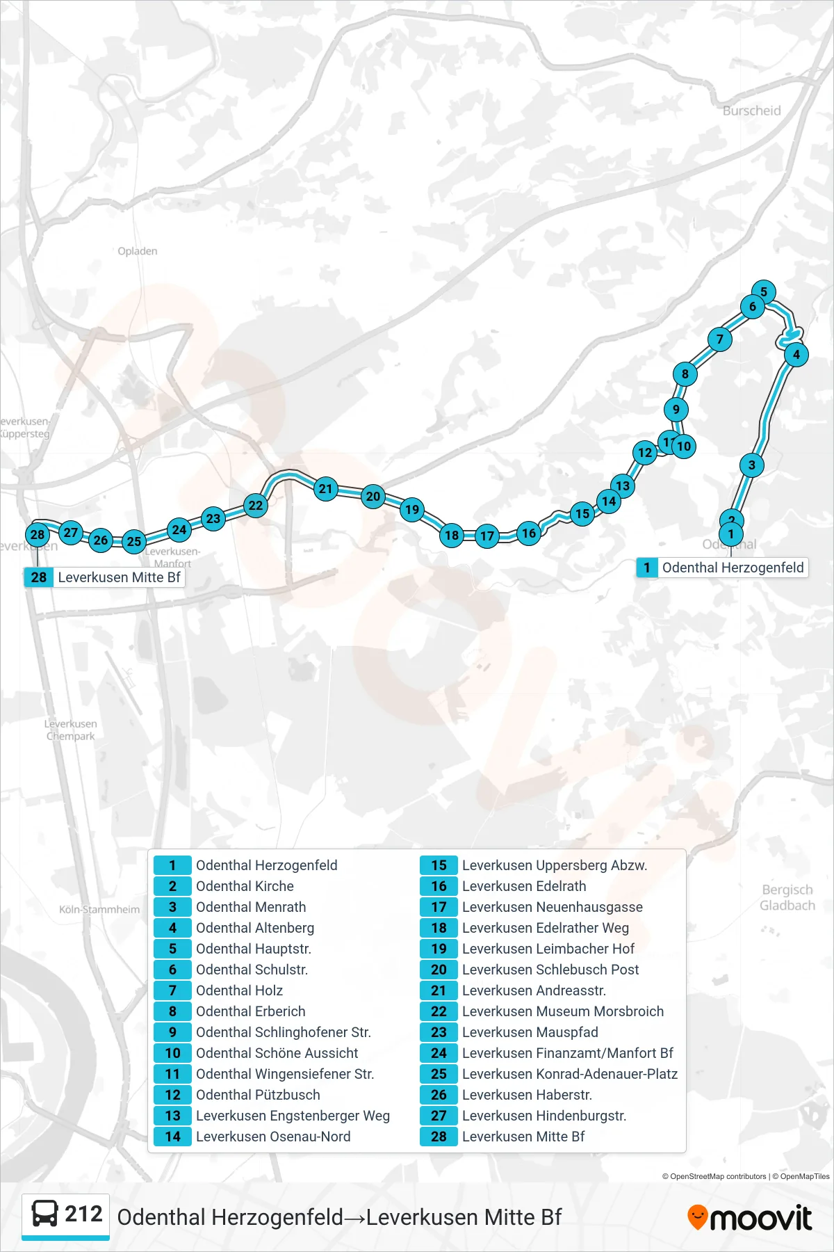 Linie 212 (Bus) Richtung Odenthal Herzogenfeld‎→Leverkusen Mitte Bf: Route und Haltestellen auf der Karte
