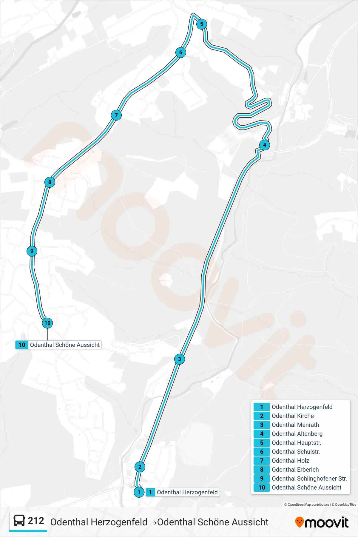 Linie 212 (Bus) Richtung Odenthal Herzogenfeld→Odenthal Schöne Aussicht: Route und Haltestellen auf der Karte