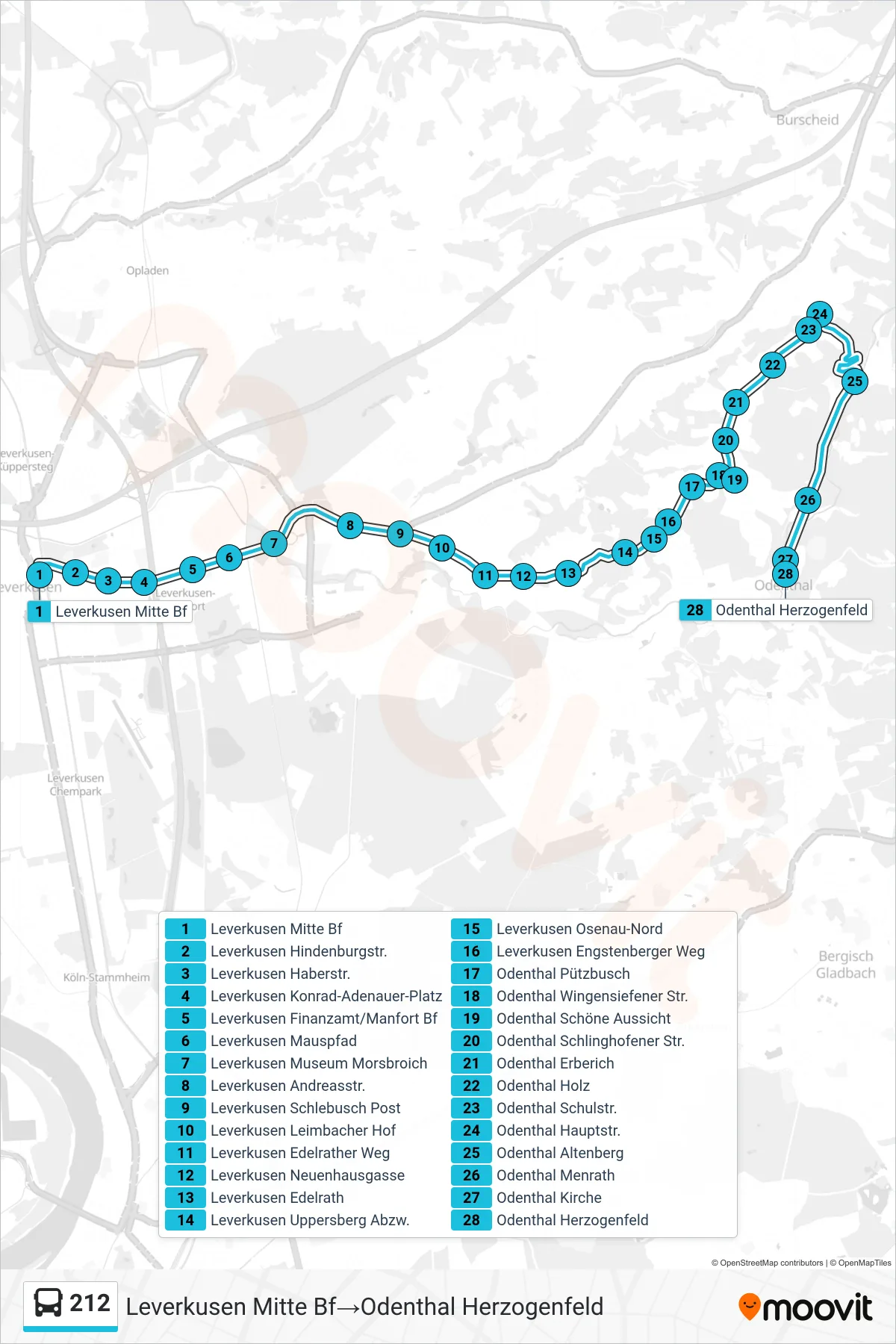 Linie 212 (Bus) Richtung Leverkusen Mitte Bf‎→Odenthal Herzogenfeld: Route und Haltestellen auf der Karte